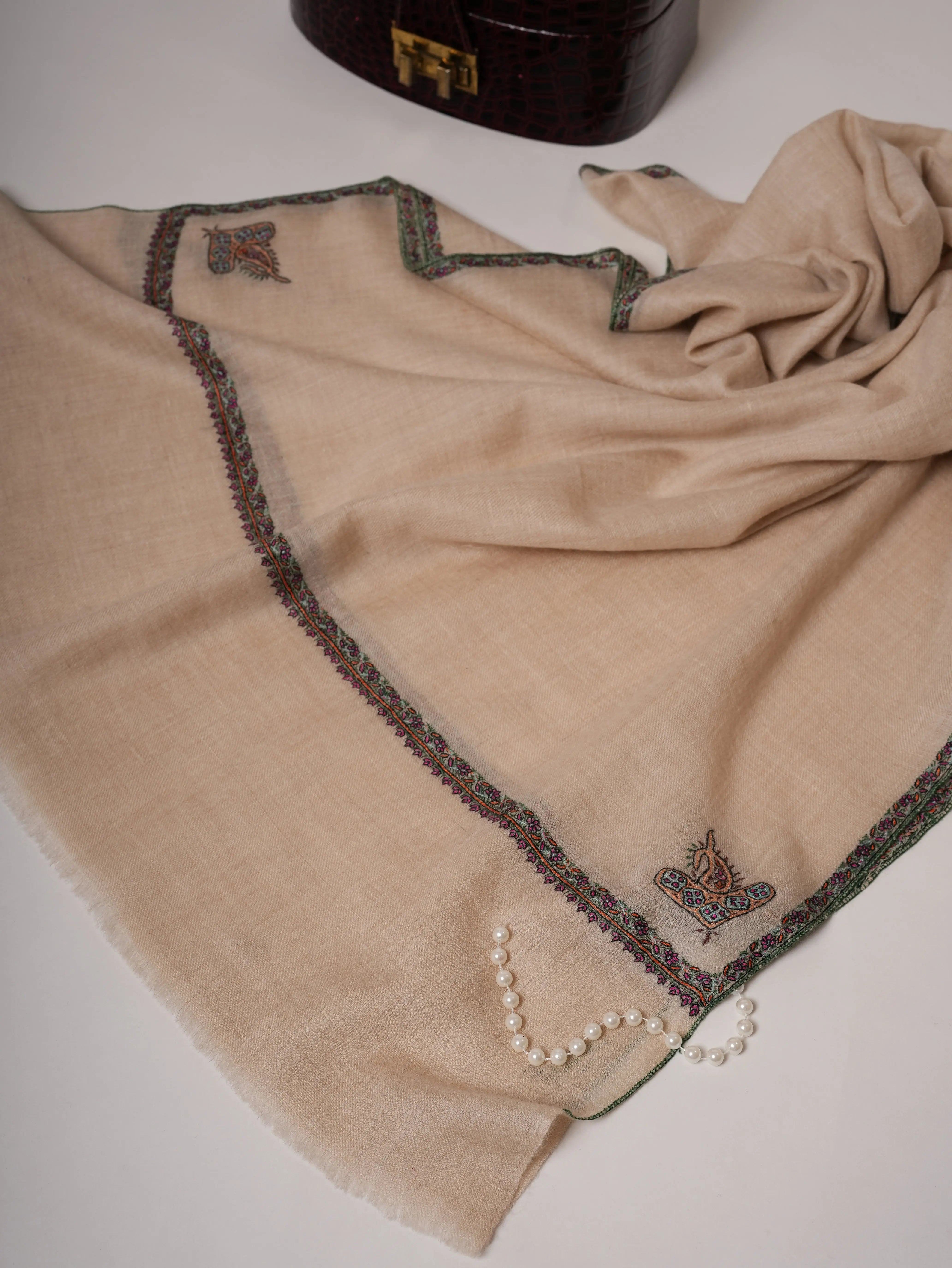 Natural Off White Cashmere Scarf with Classic Hashia Hand Embroidery Shahkaar