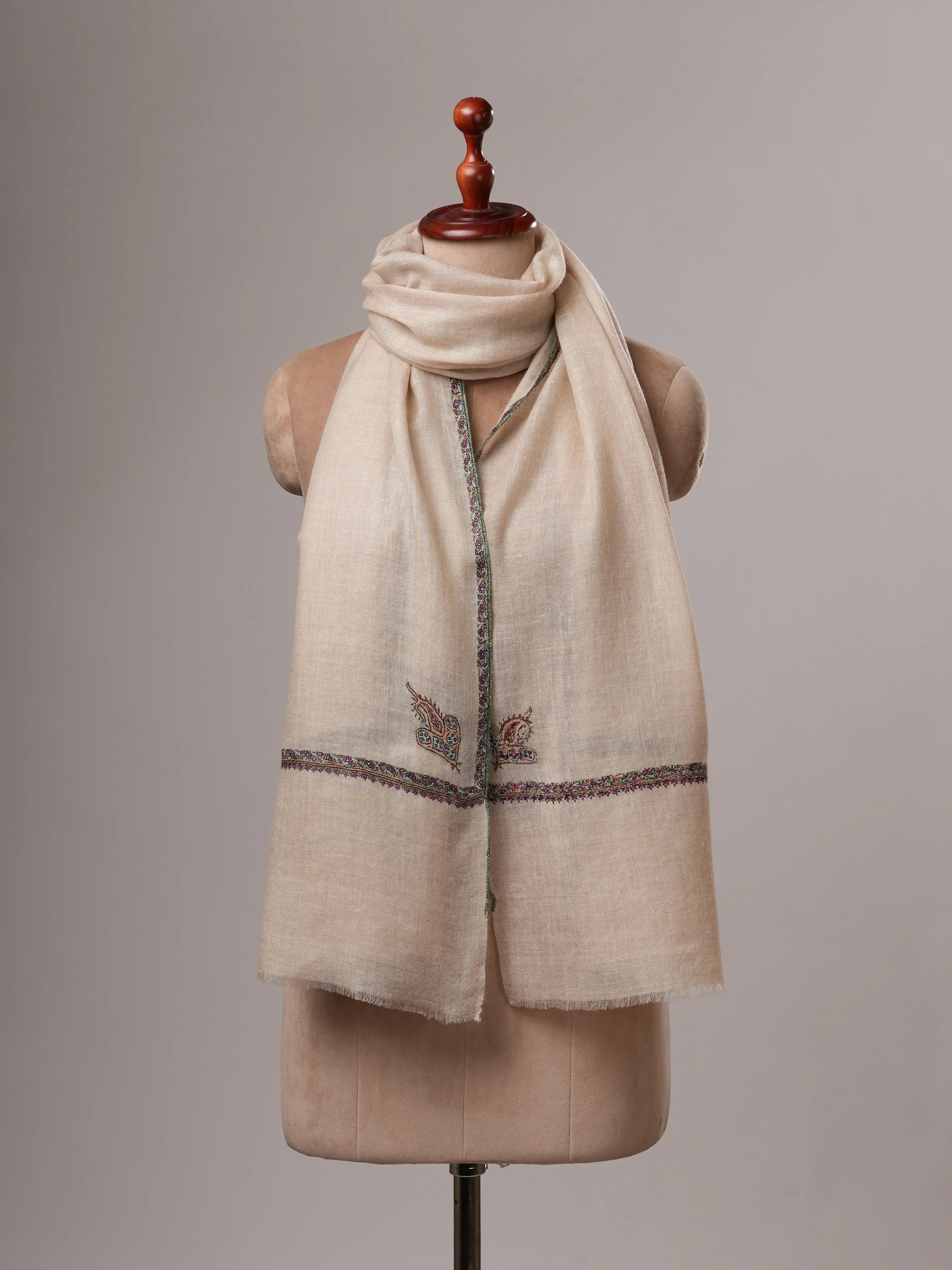 Natural Off White Cashmere Scarf with Classic Hashia Hand Embroidery Shahkaar