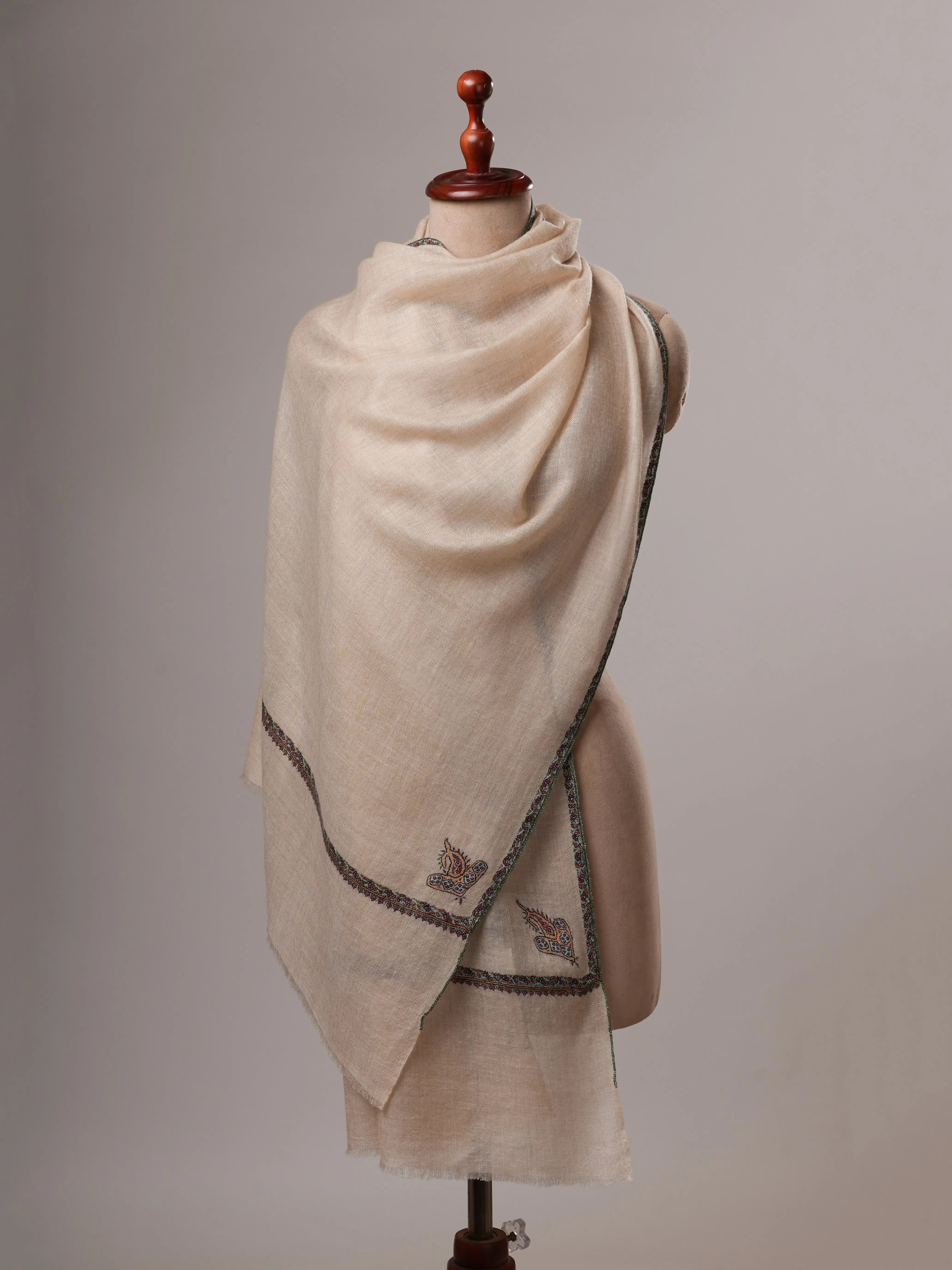 Natural Off White Cashmere Scarf with Classic Hashia Hand Embroidery Shahkaar