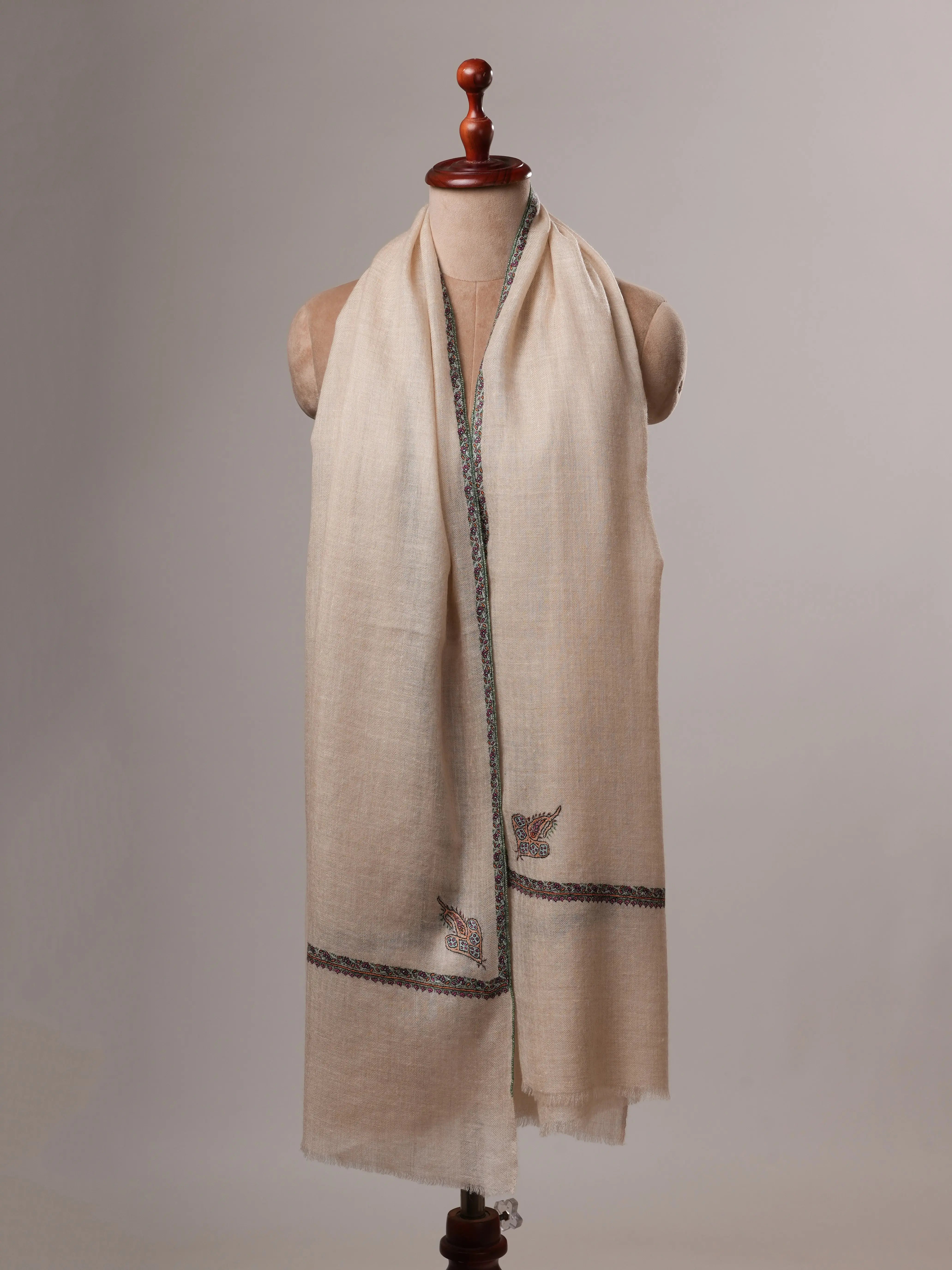 Natural Off White Cashmere Scarf with Classic Hashia Hand Embroidery Shahkaar