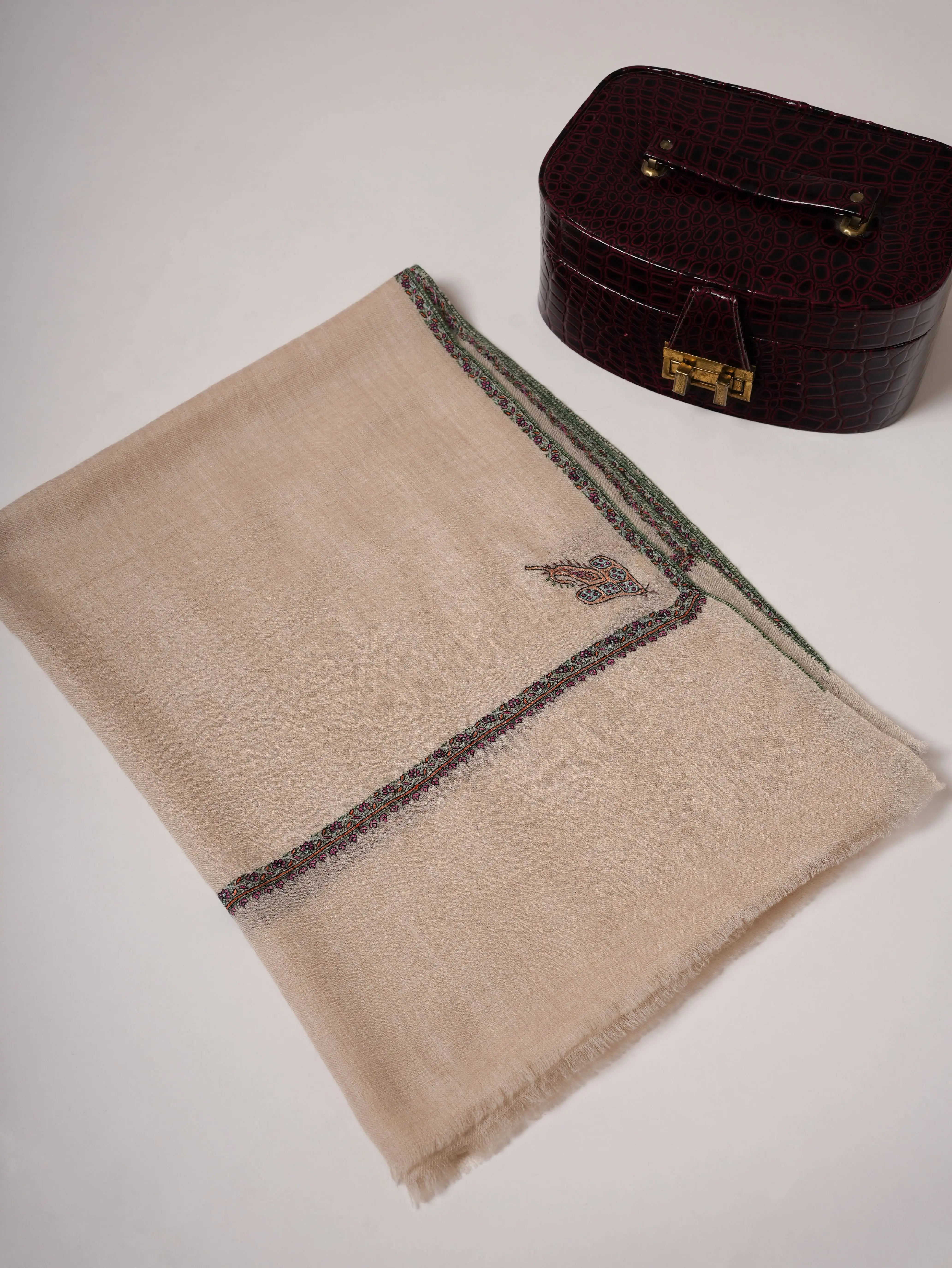 Natural Off White Cashmere Scarf with Classic Hashia Hand Embroidery Shahkaar