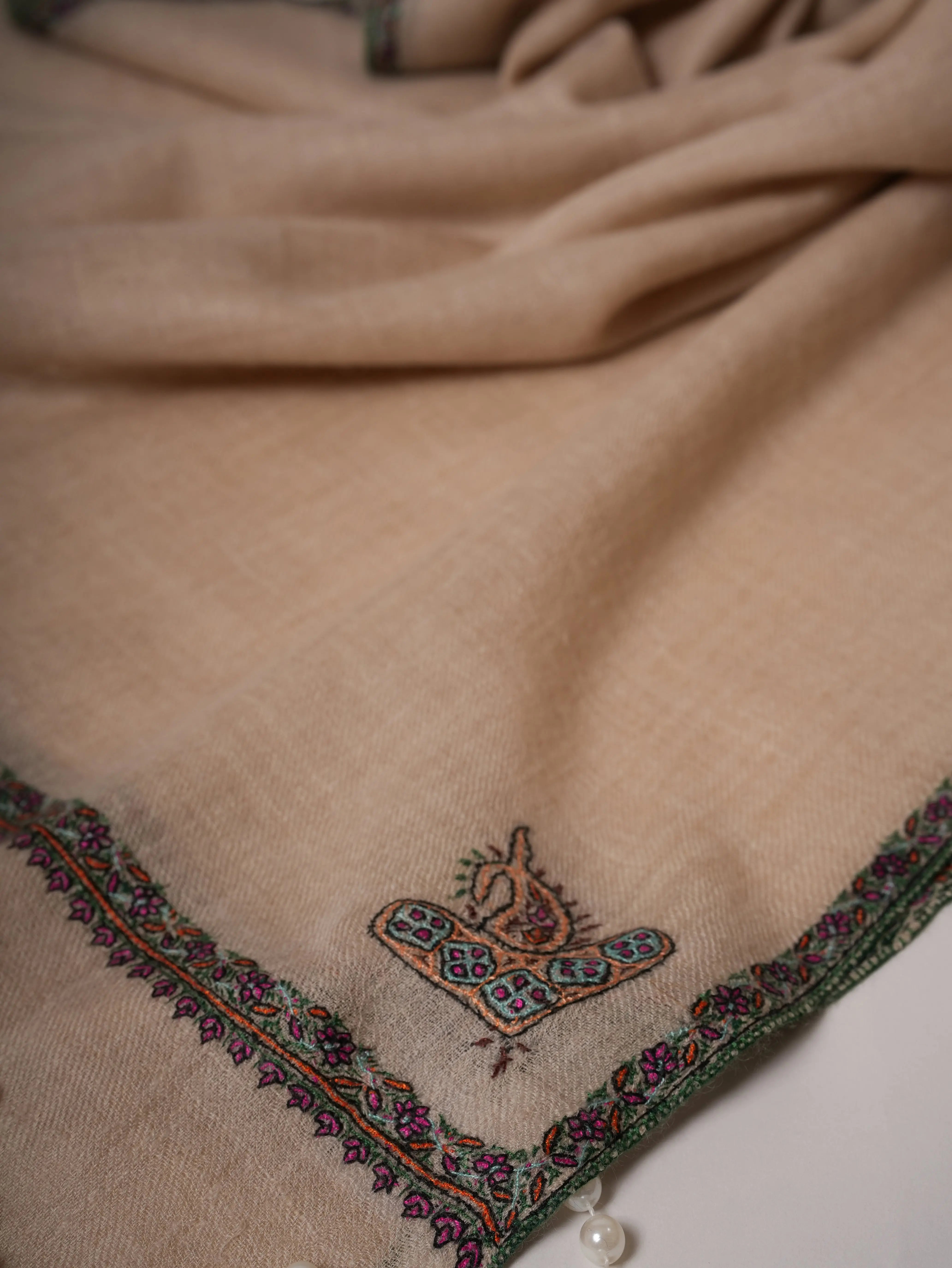 Natural Off White Cashmere Scarf with Classic Hashia Hand Embroidery Shahkaar