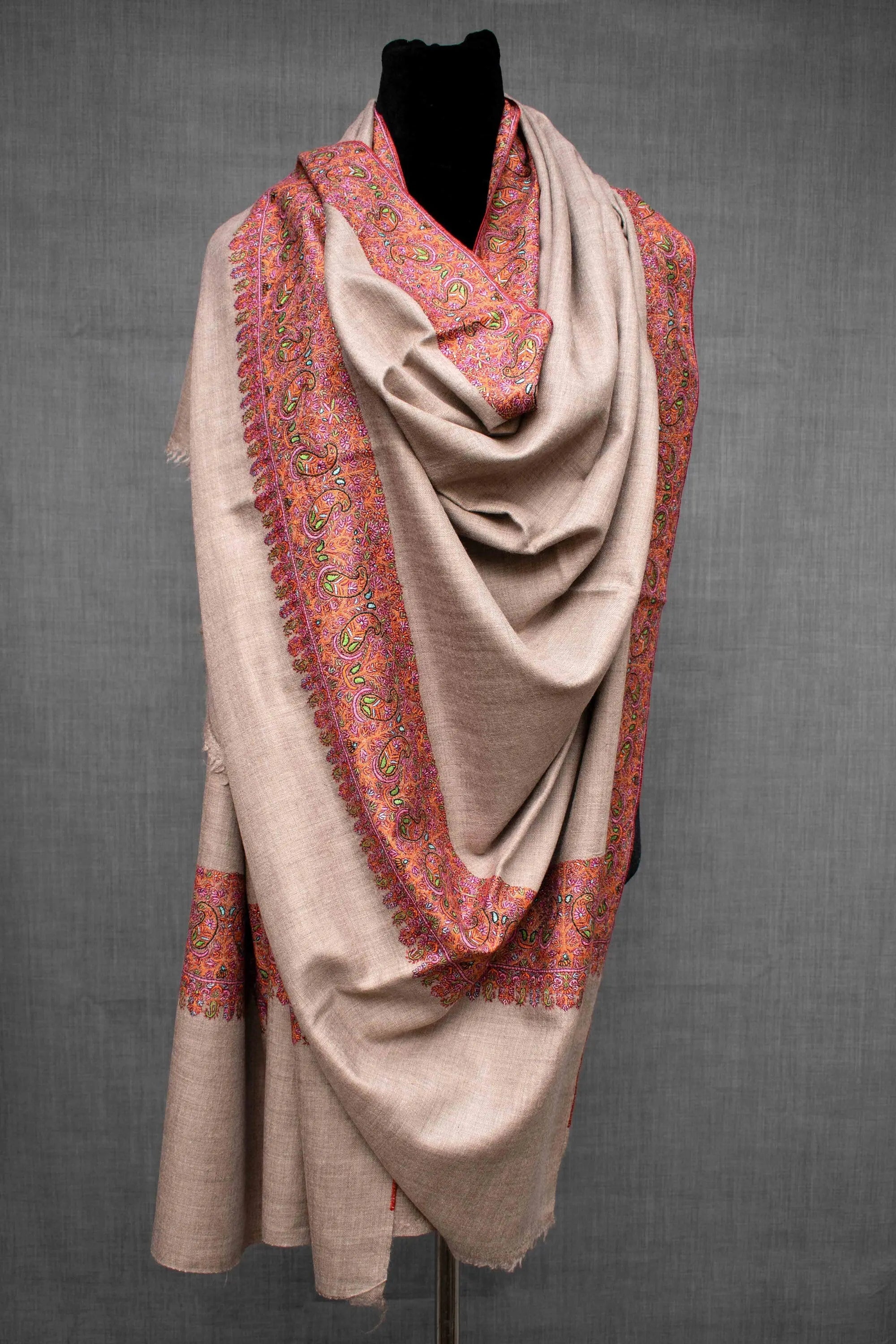 Natural Pure Pashmina Hand Embroided Shawl Scarf Wrap, Hand Woven in Kashmir Shahkaar
