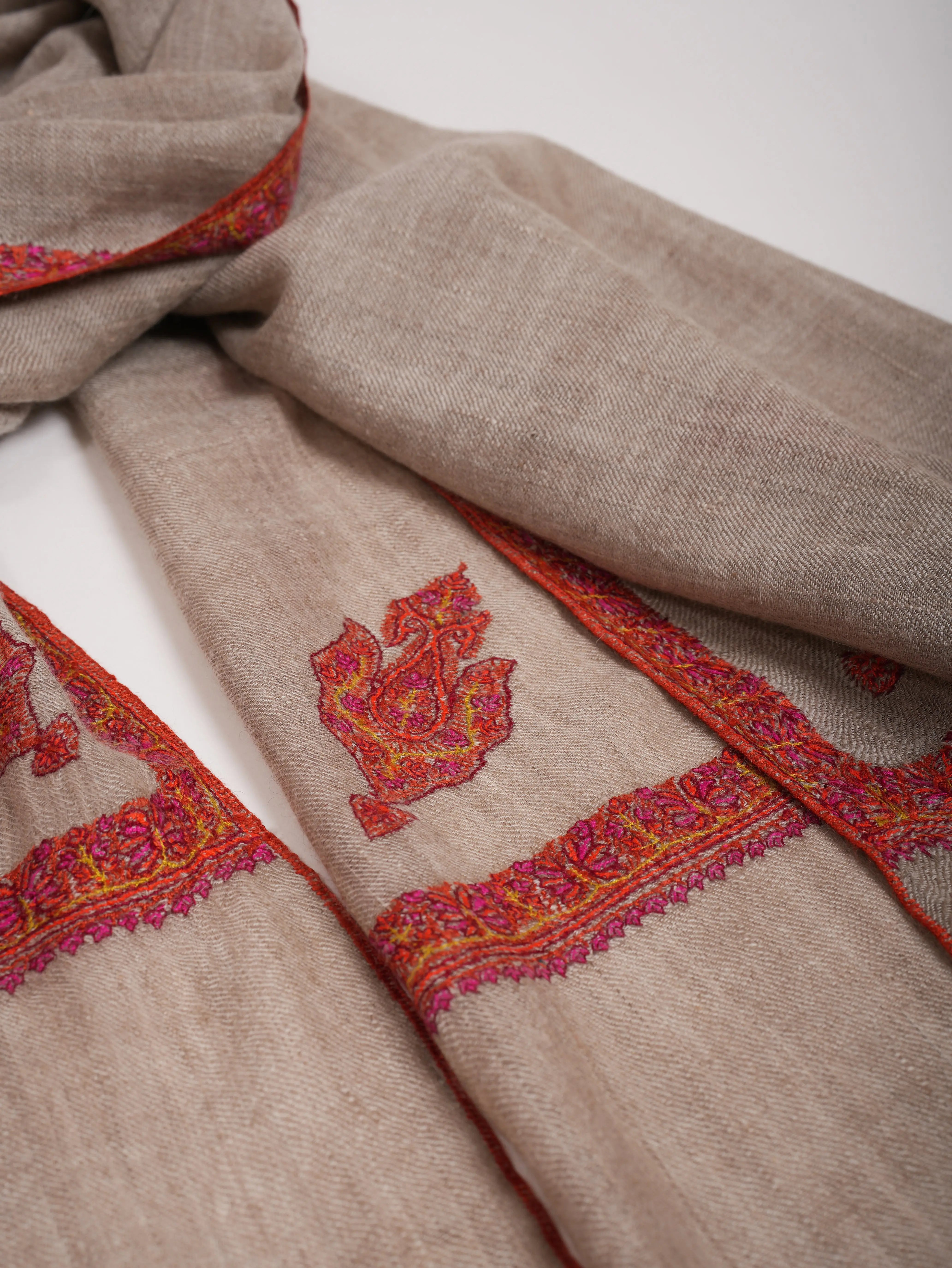 Natural Silver Hashia Hand Embroidered Cashmere Scarf Shahkaar