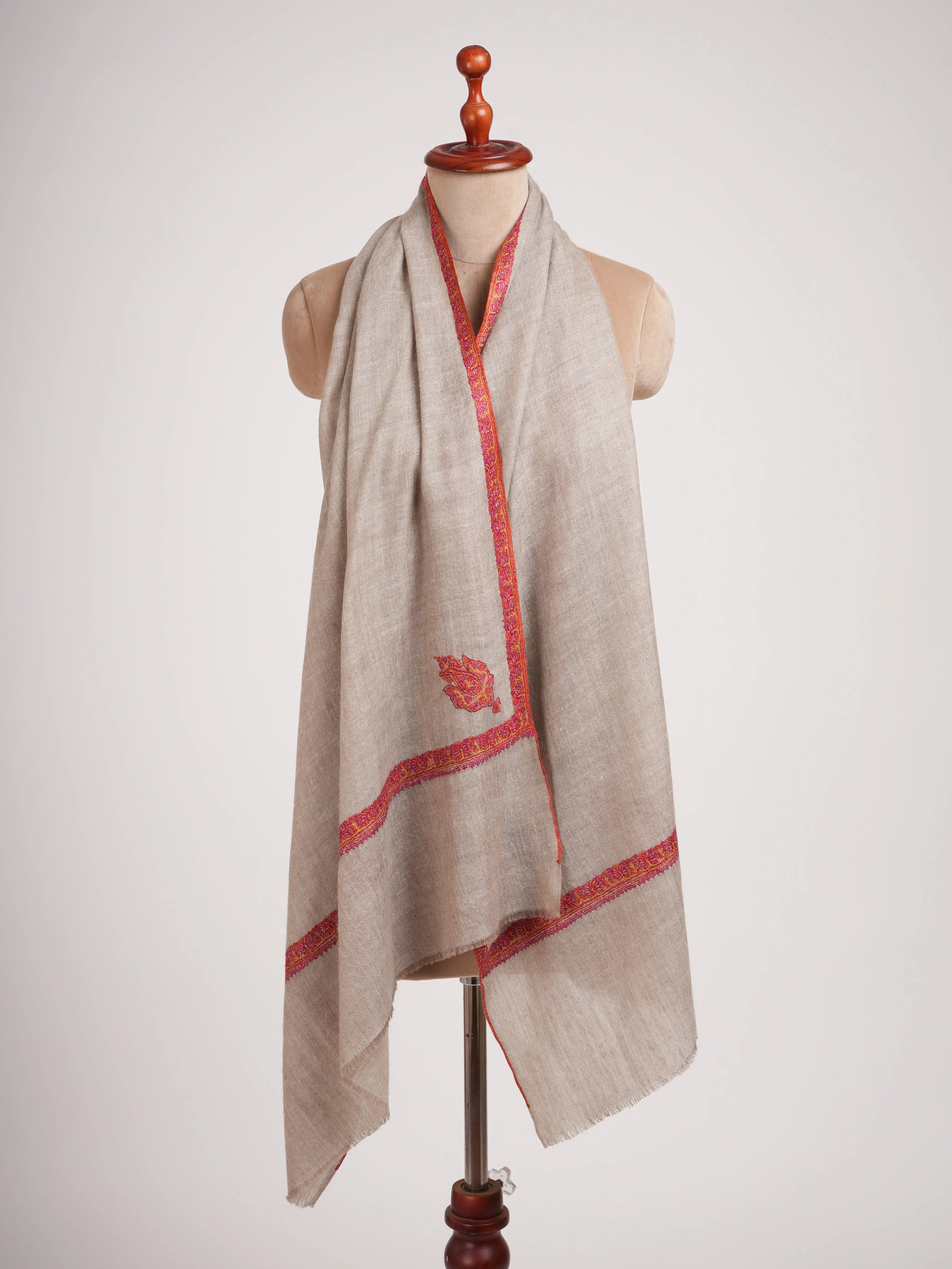 Natural Silver Hashia Hand Embroidered Cashmere Scarf Shahkaar