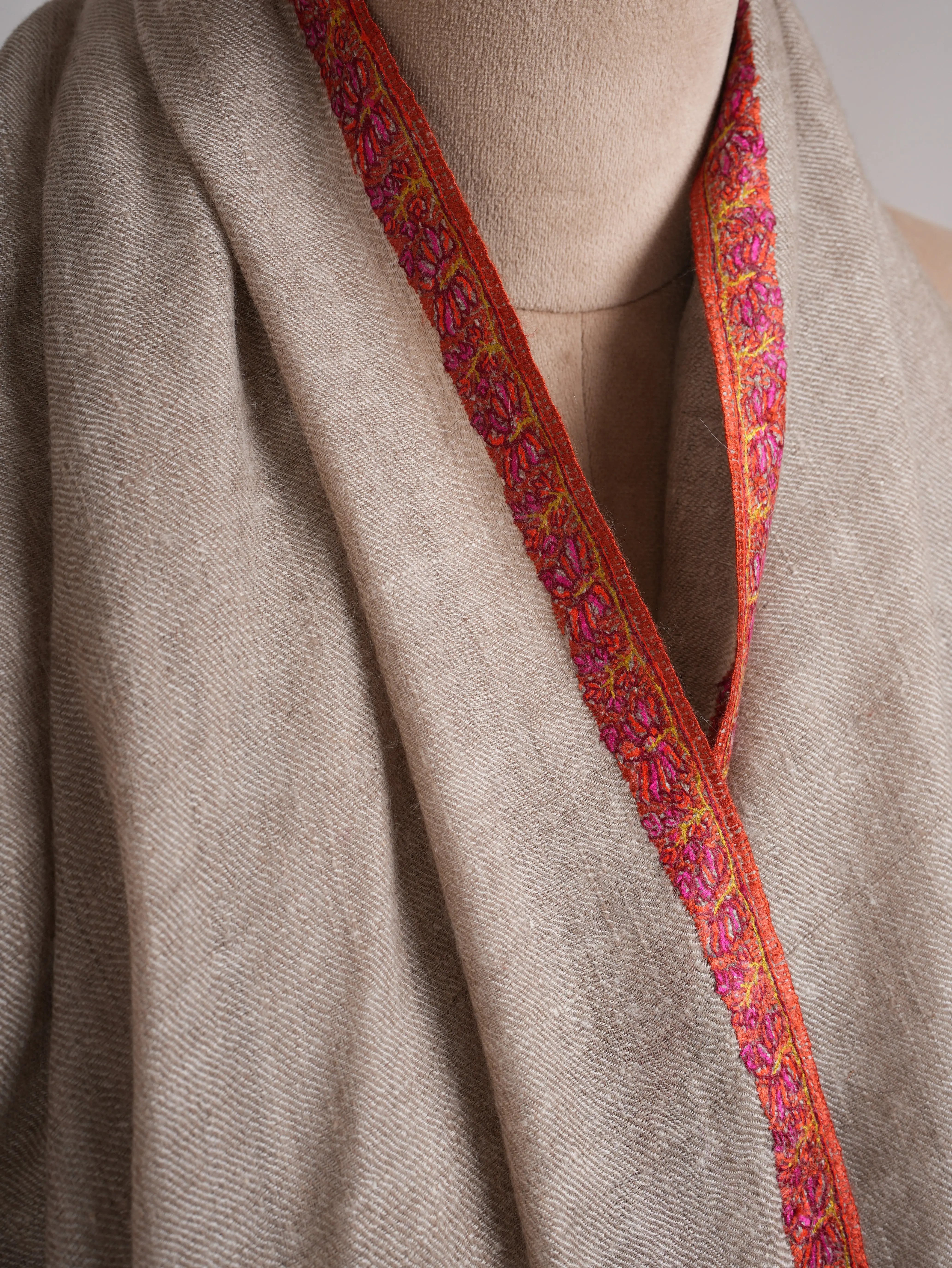 Natural Silver Hashia Hand Embroidered Cashmere Scarf Shahkaar