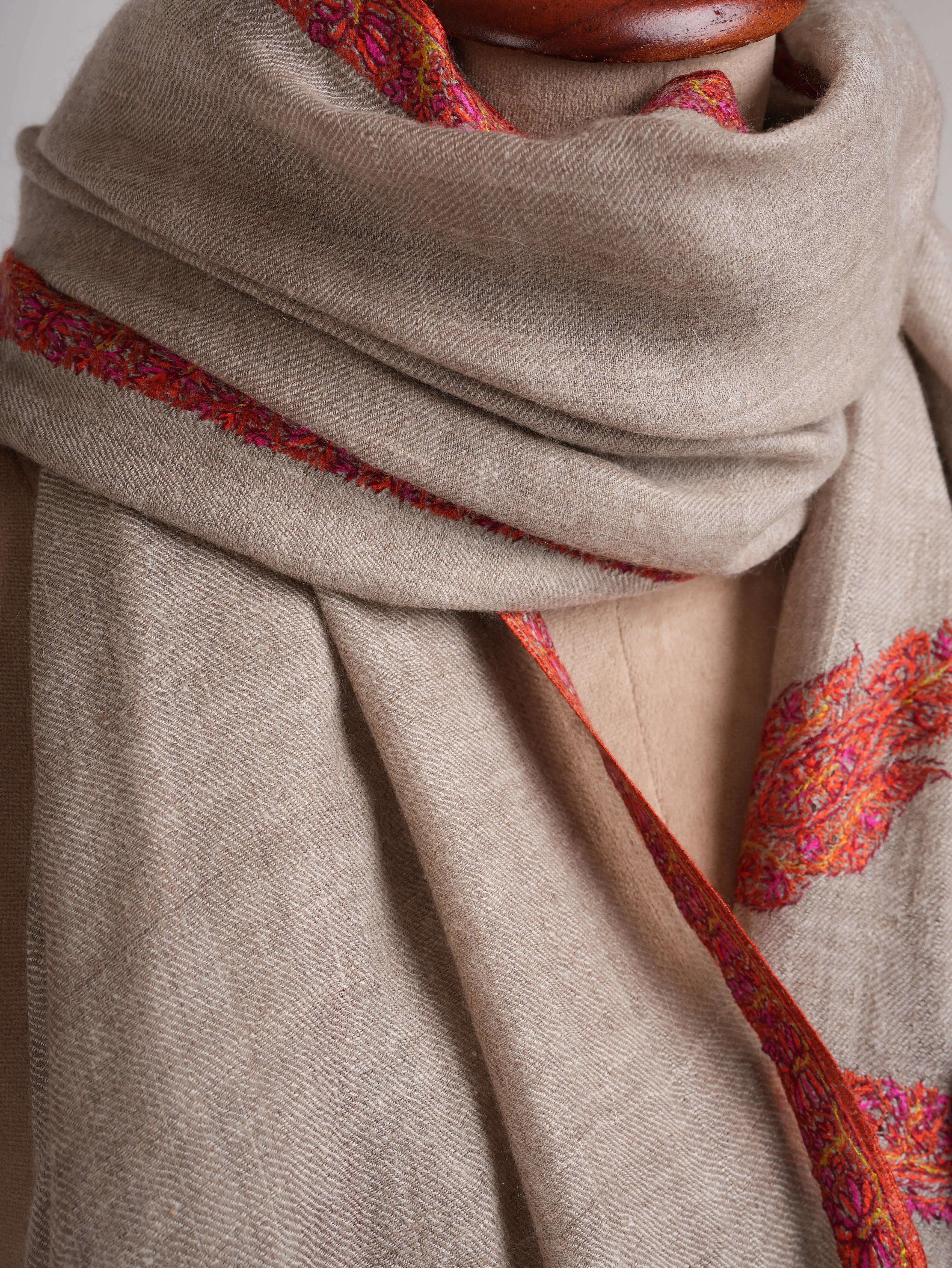 Natural Silver Hashia Hand Embroidered Cashmere Scarf Shahkaar