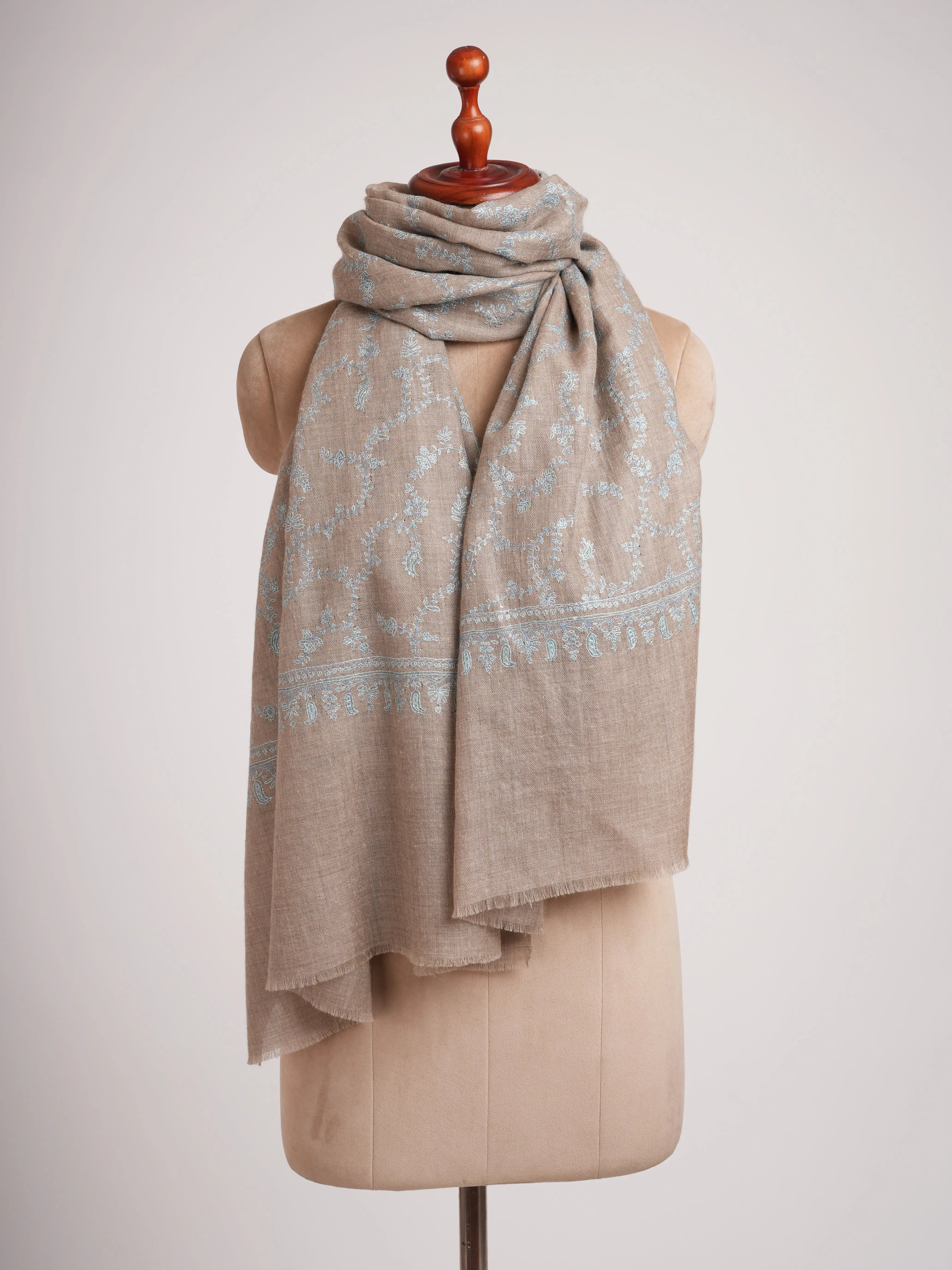 Natural Taupe Cashmere Jaal Blue Embroidery Shahkaar