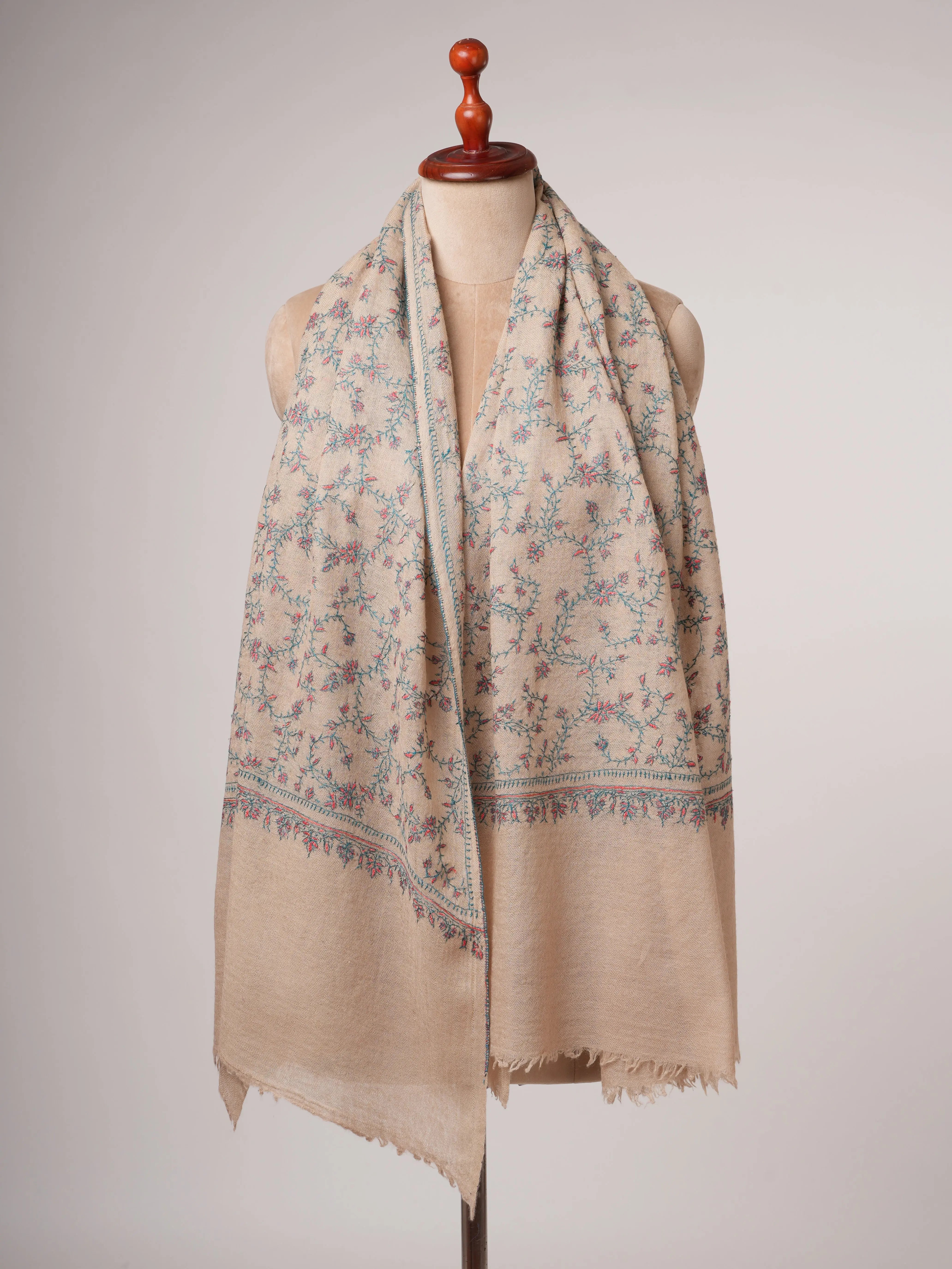 Natural Tea Dyed Boiled Wool Shawl with Hand Embroidery Shahkaar