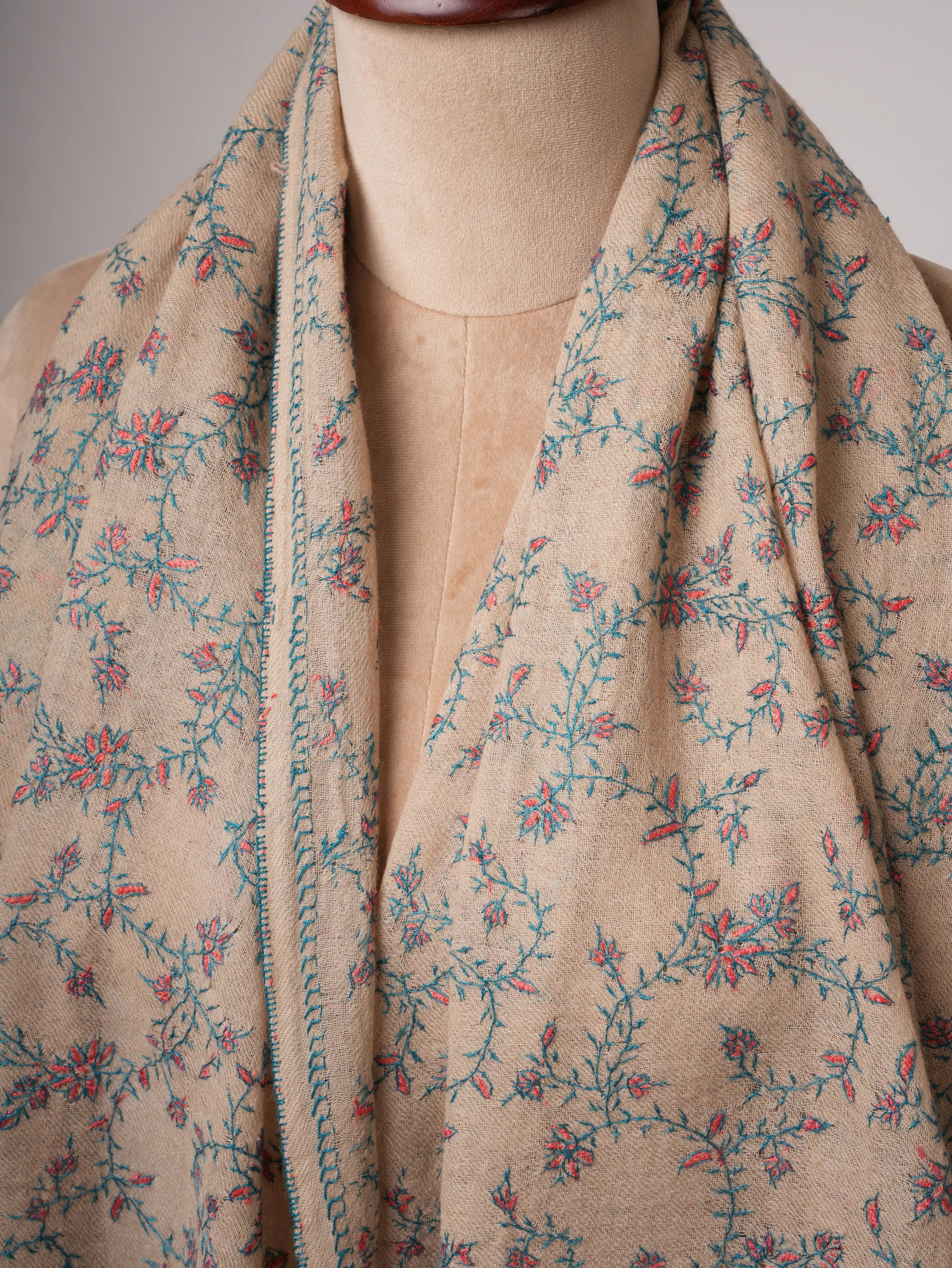 Natural Tea Dyed Boiled Wool Shawl with Hand Embroidery Shahkaar