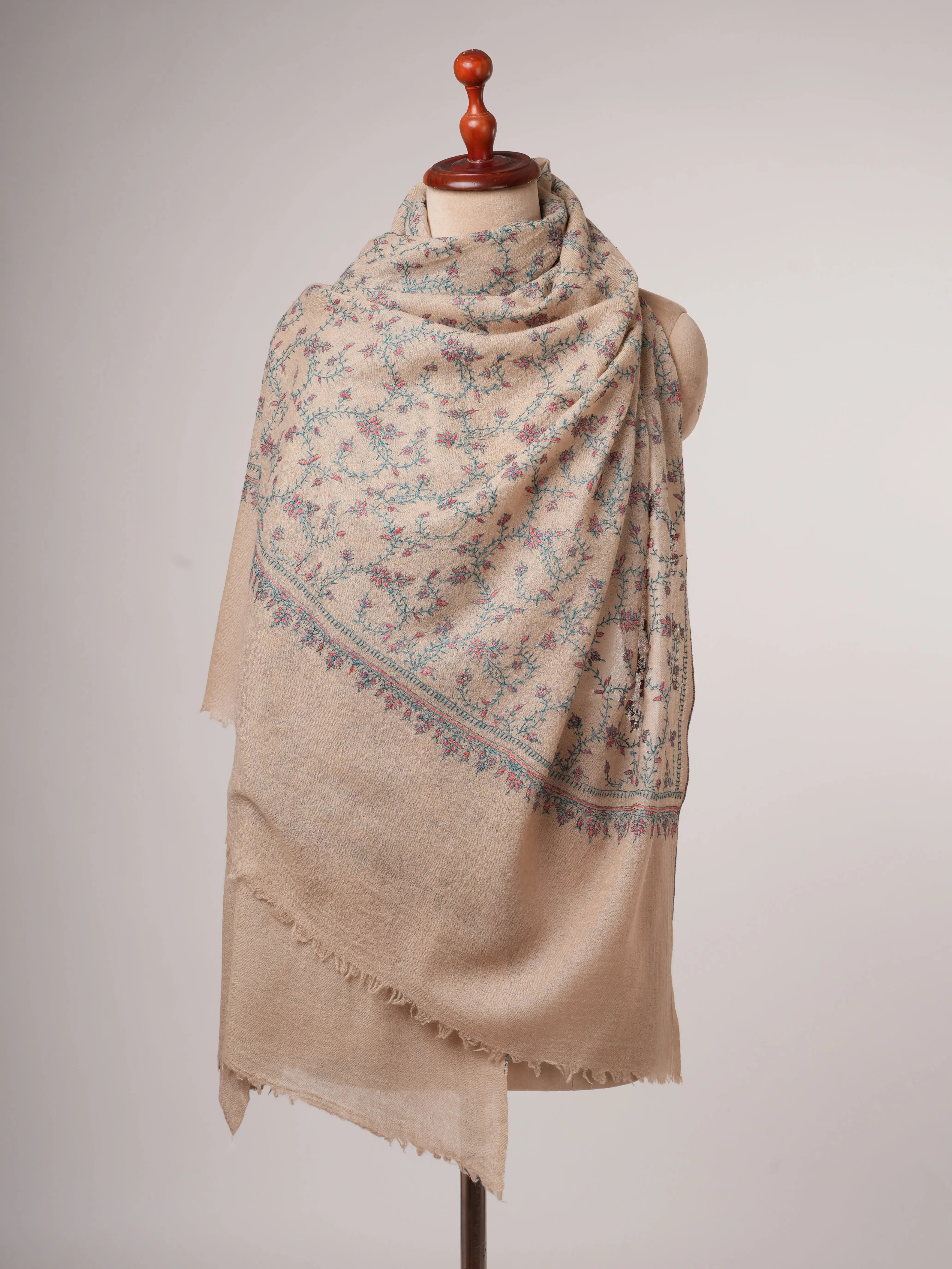Natural Tea Dyed Boiled Wool Shawl with Hand Embroidery Shahkaar