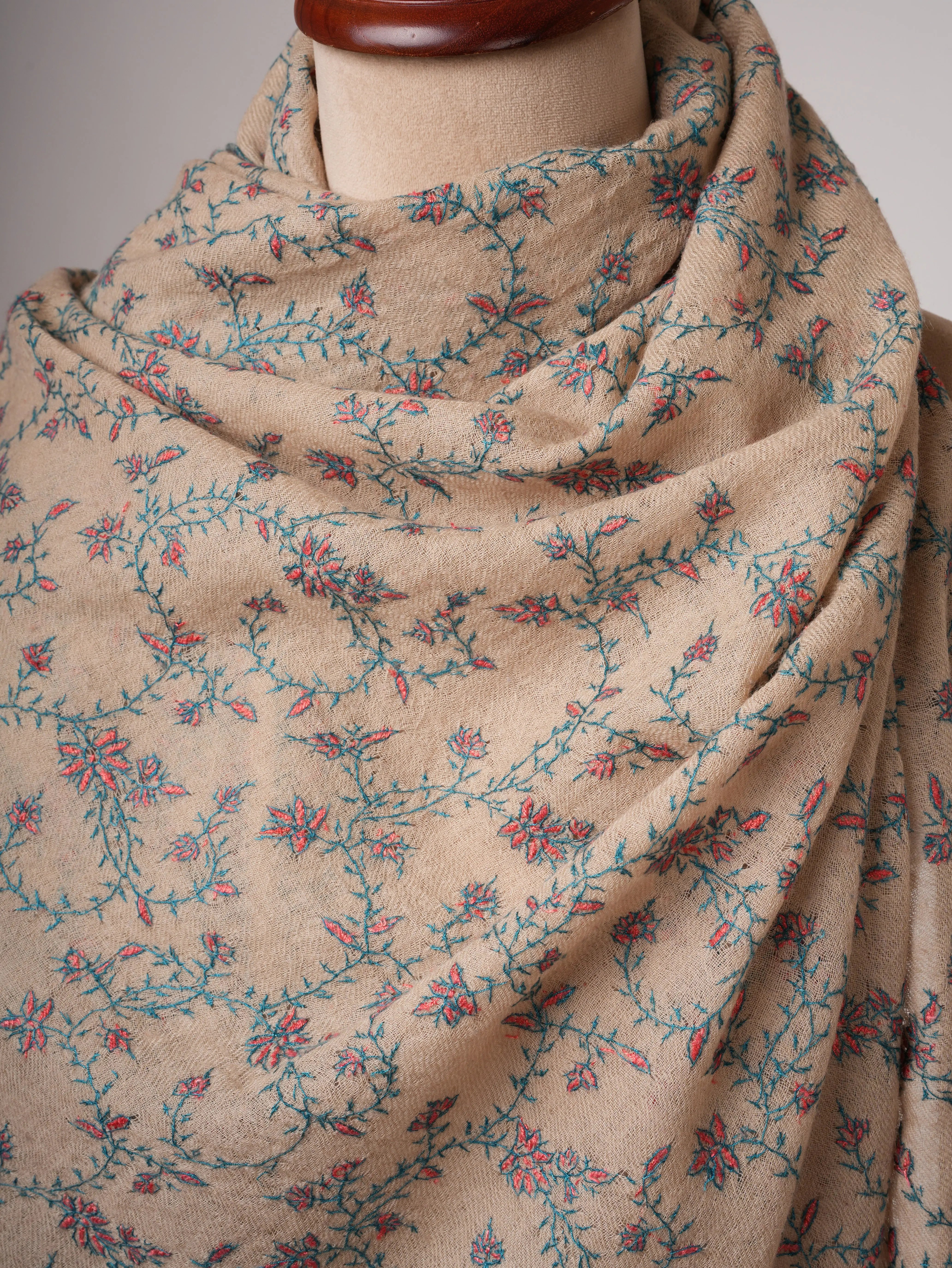 Natural Tea Dyed Boiled Wool Shawl with Hand Embroidery Shahkaar