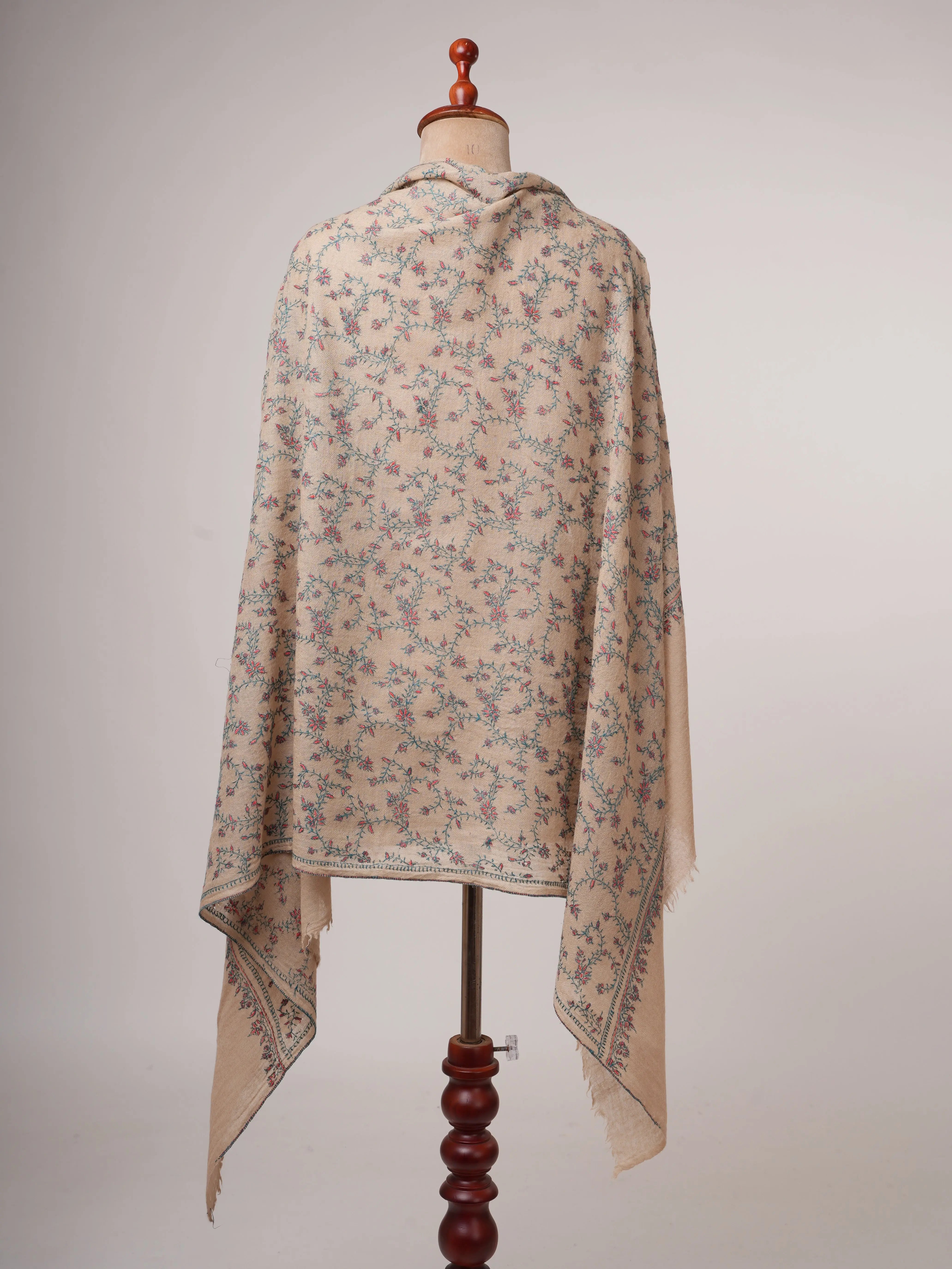 Natural Tea Dyed Boiled Wool Shawl with Hand Embroidery Shahkaar