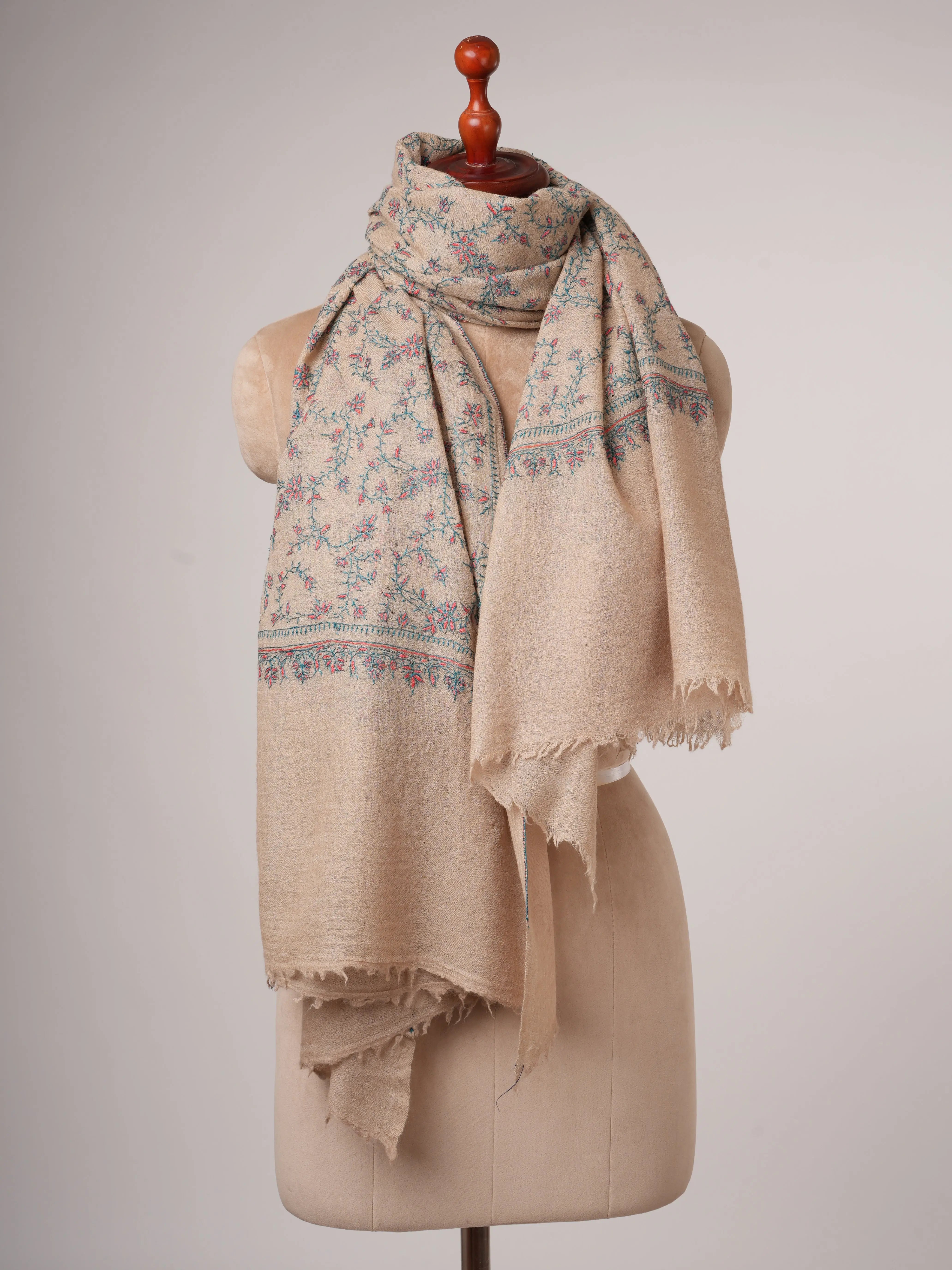 Natural Tea Dyed Boiled Wool Shawl with Hand Embroidery Shahkaar