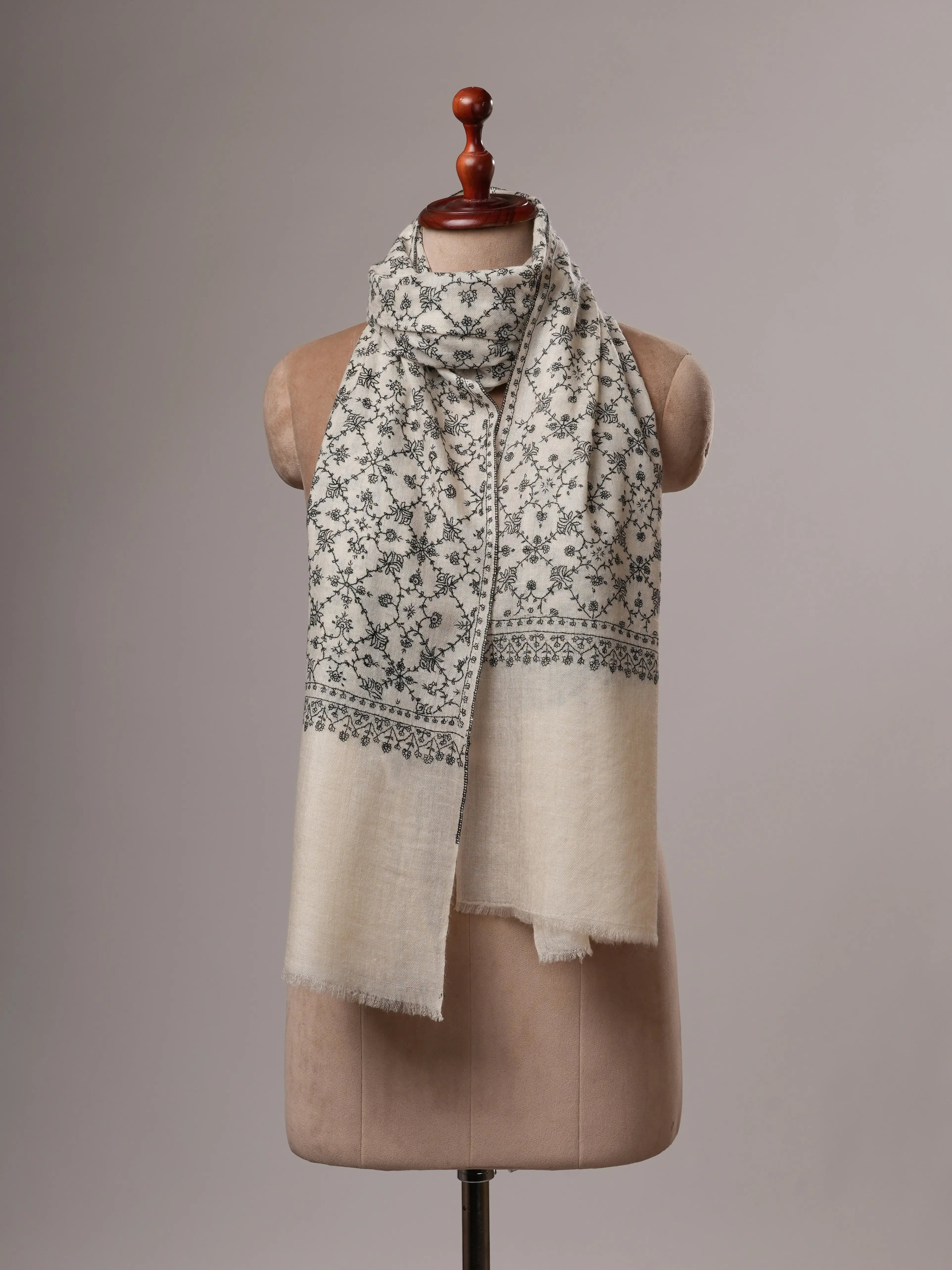 Natural White All Over Neem Jali Handwoven Cashmere Scarf Shahkaar