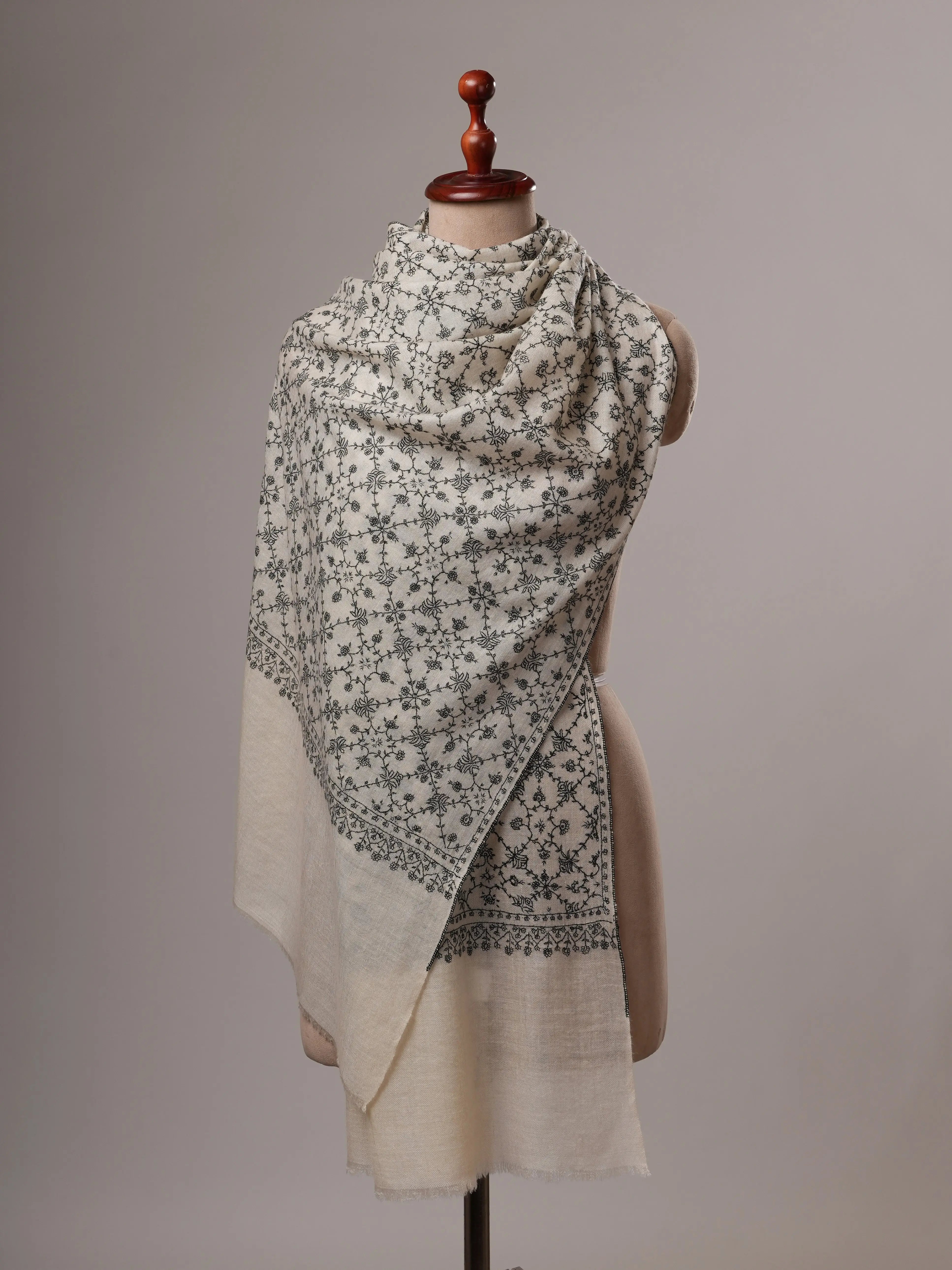 Natural White All Over Neem Jali Handwoven Cashmere Scarf Shahkaar
