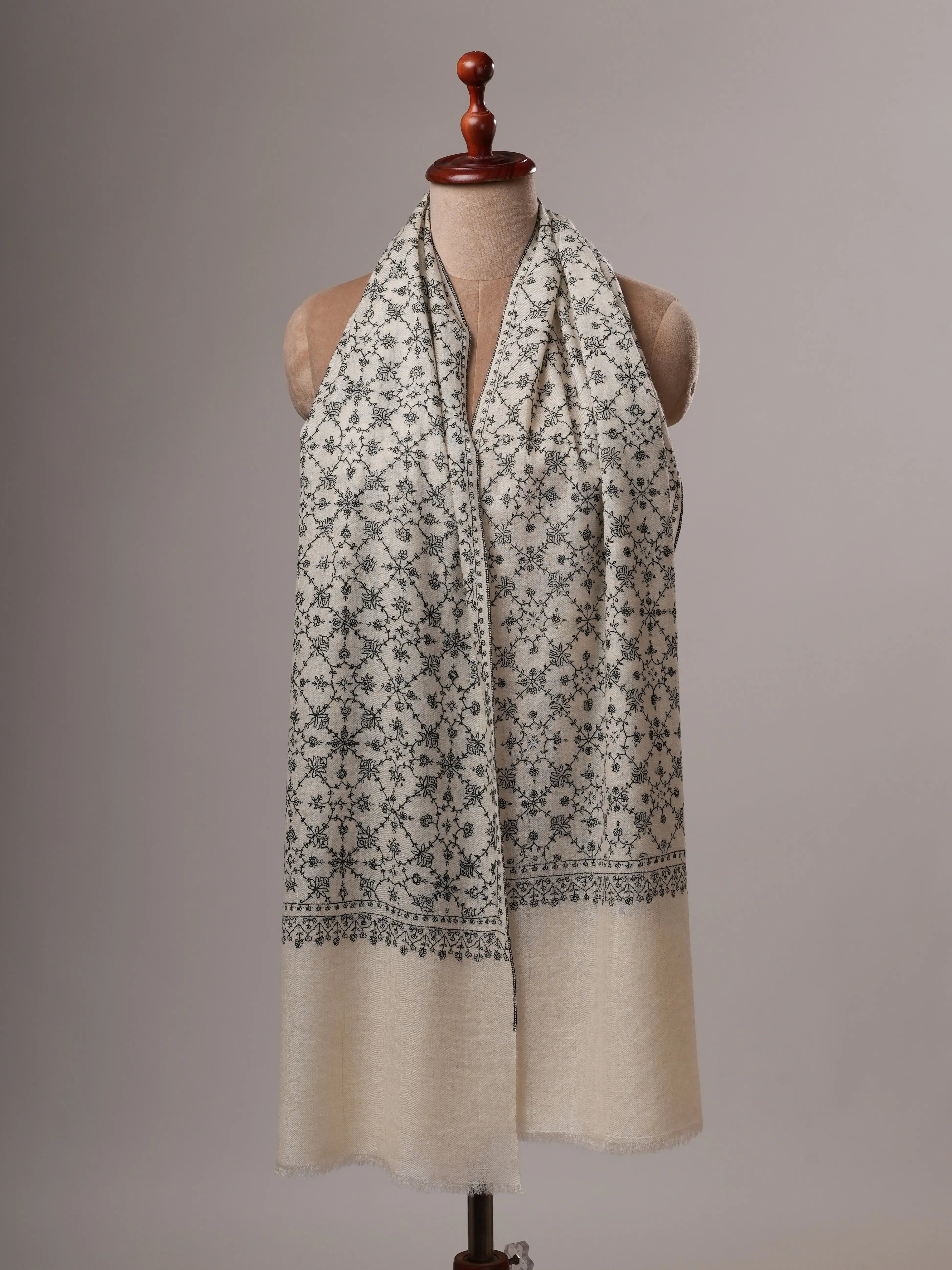 Natural White All Over Neem Jali Handwoven Cashmere Scarf Shahkaar
