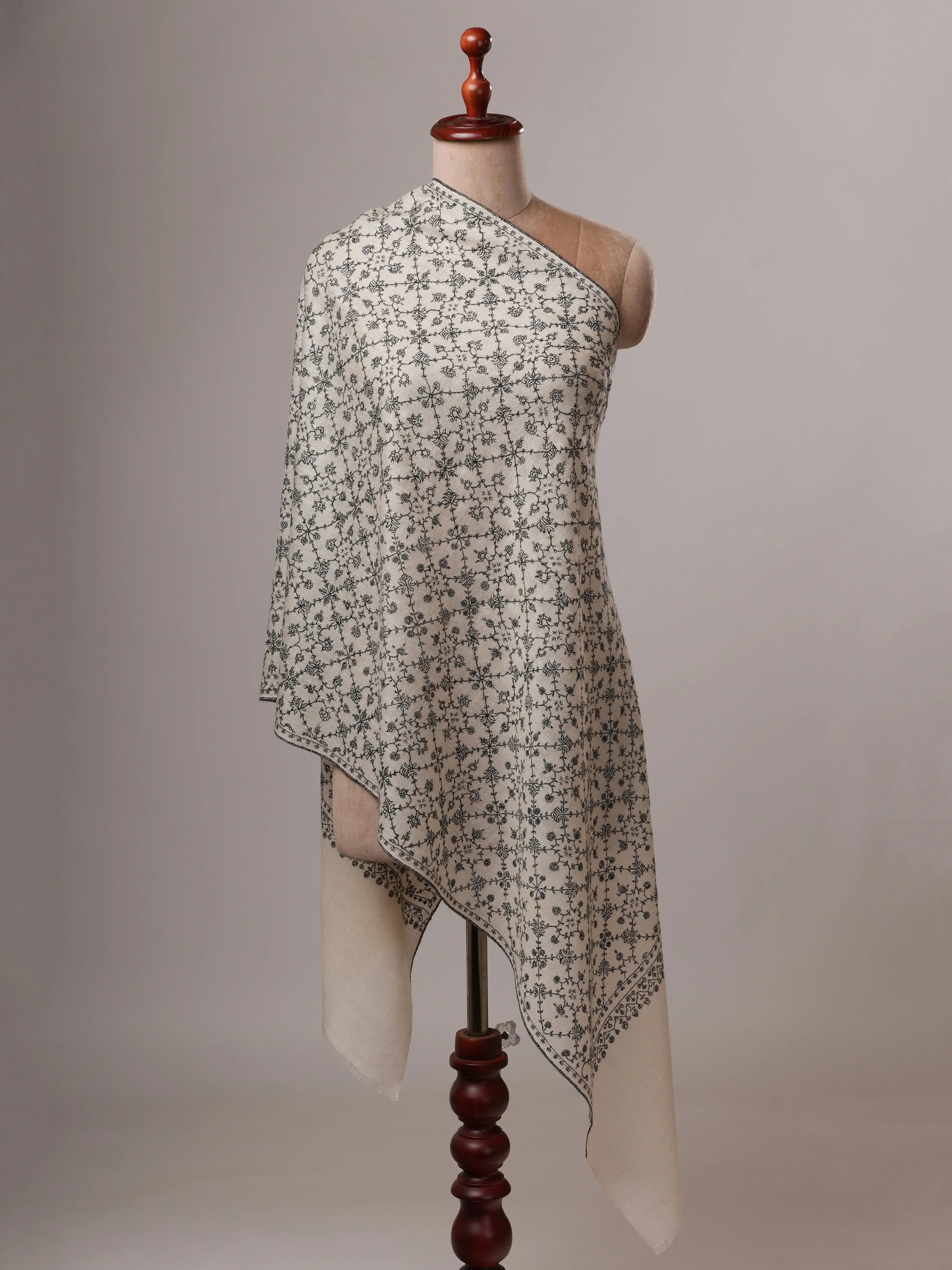 Natural White All Over Neem Jali Handwoven Cashmere Scarf Shahkaar