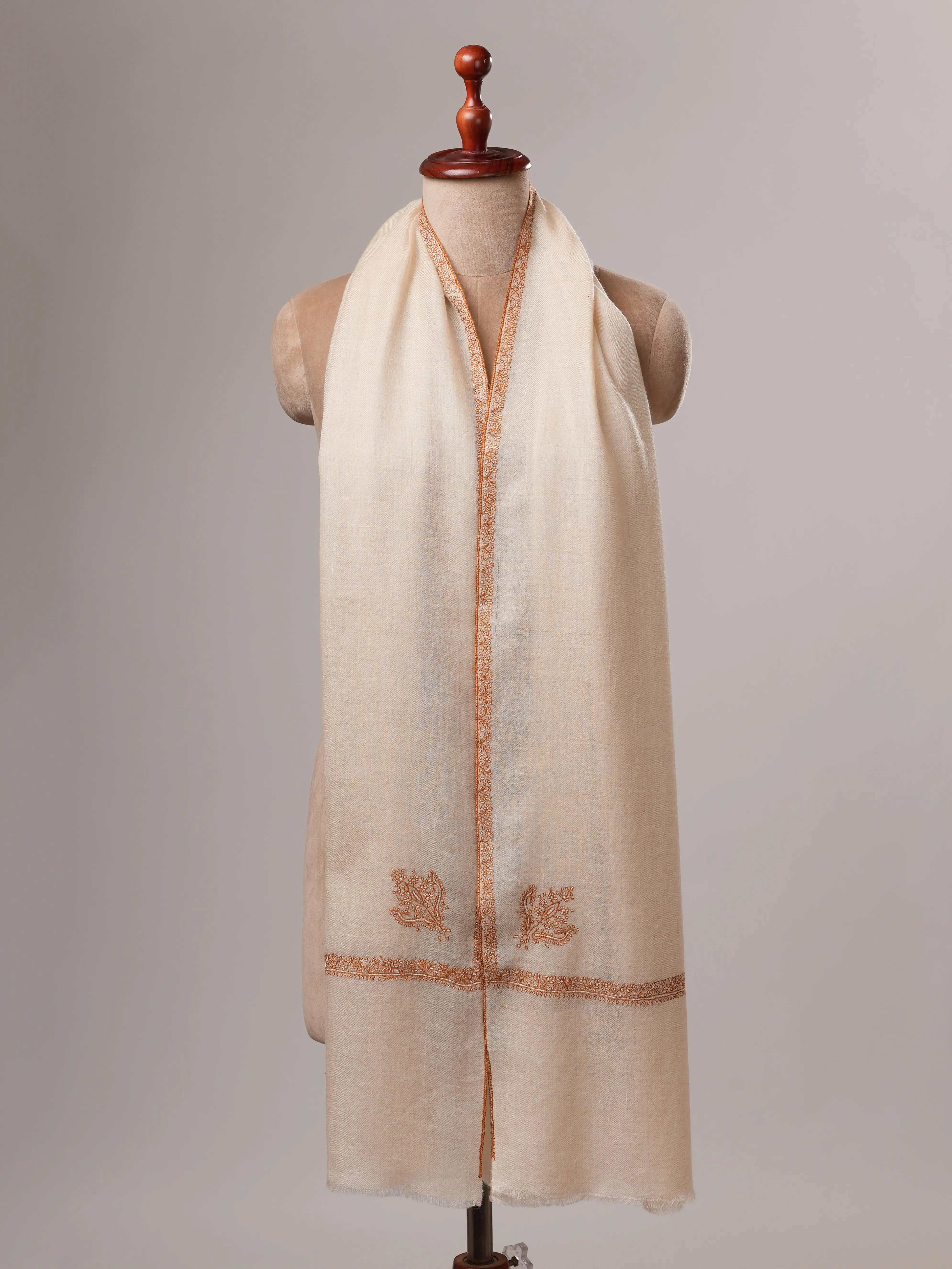 Natural White Bail Embroidered Handwoven Cashmere Scarf Shahkaar