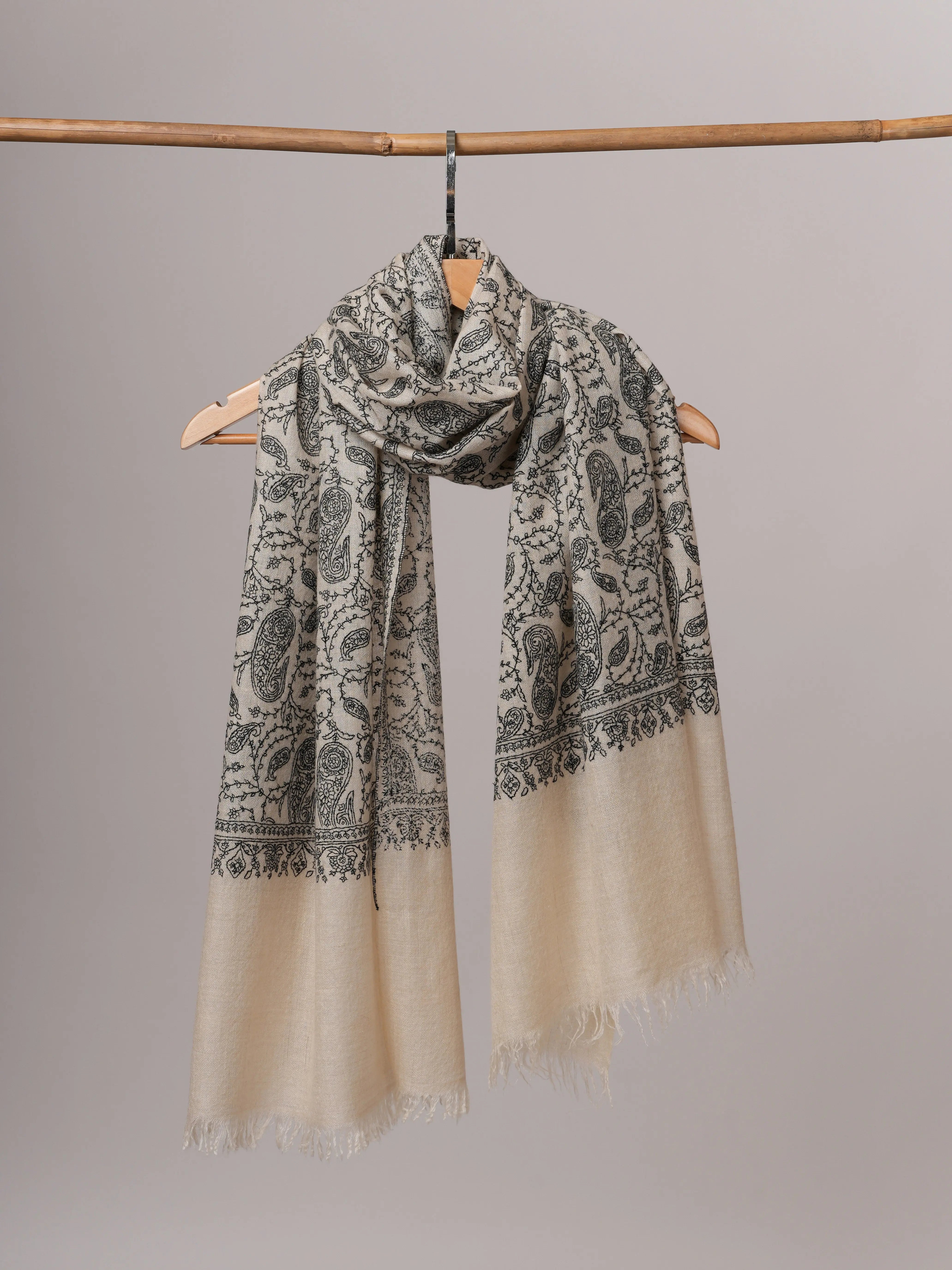 Natural White Cashmere Scarf with All-Over Black Hand Embroidery Shahkaar