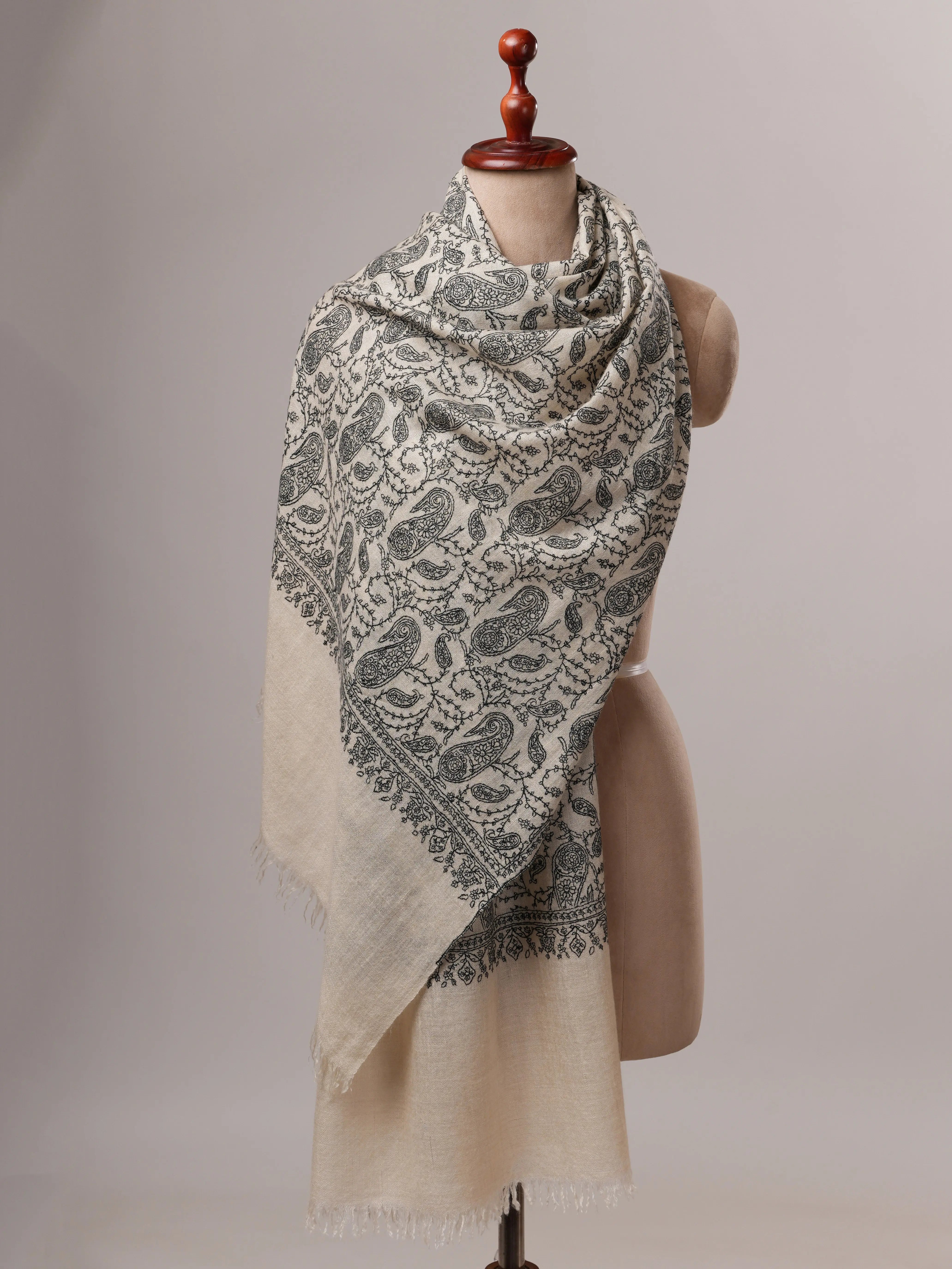 Natural White Cashmere Scarf with All-Over Black Hand Embroidery Shahkaar
