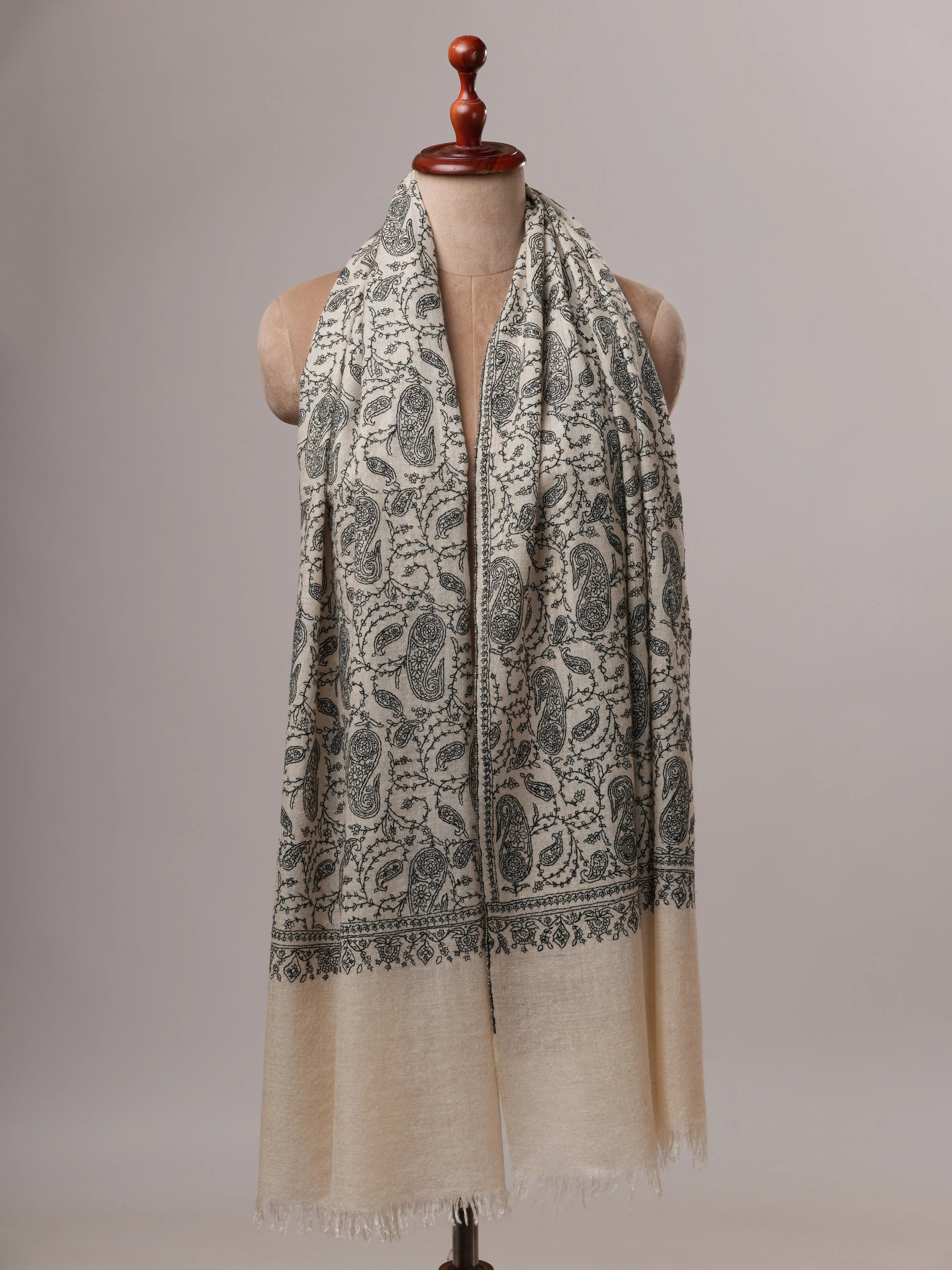Natural White Cashmere Scarf with All-Over Black Hand Embroidery Shahkaar