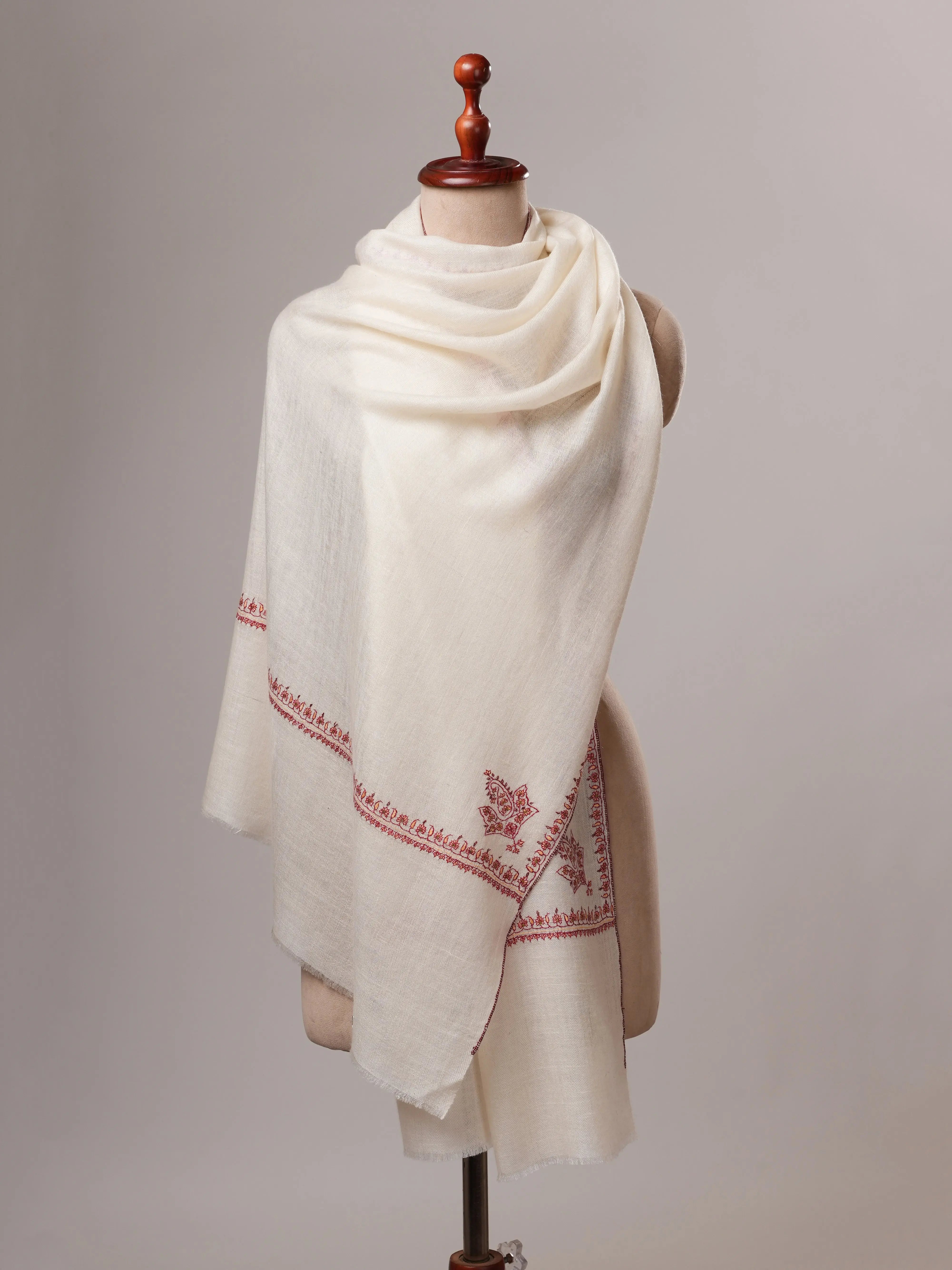 Natural White Cashmere Scarf with Hashia Hand Embroidery & Paisley Corner Motif Shahkaar