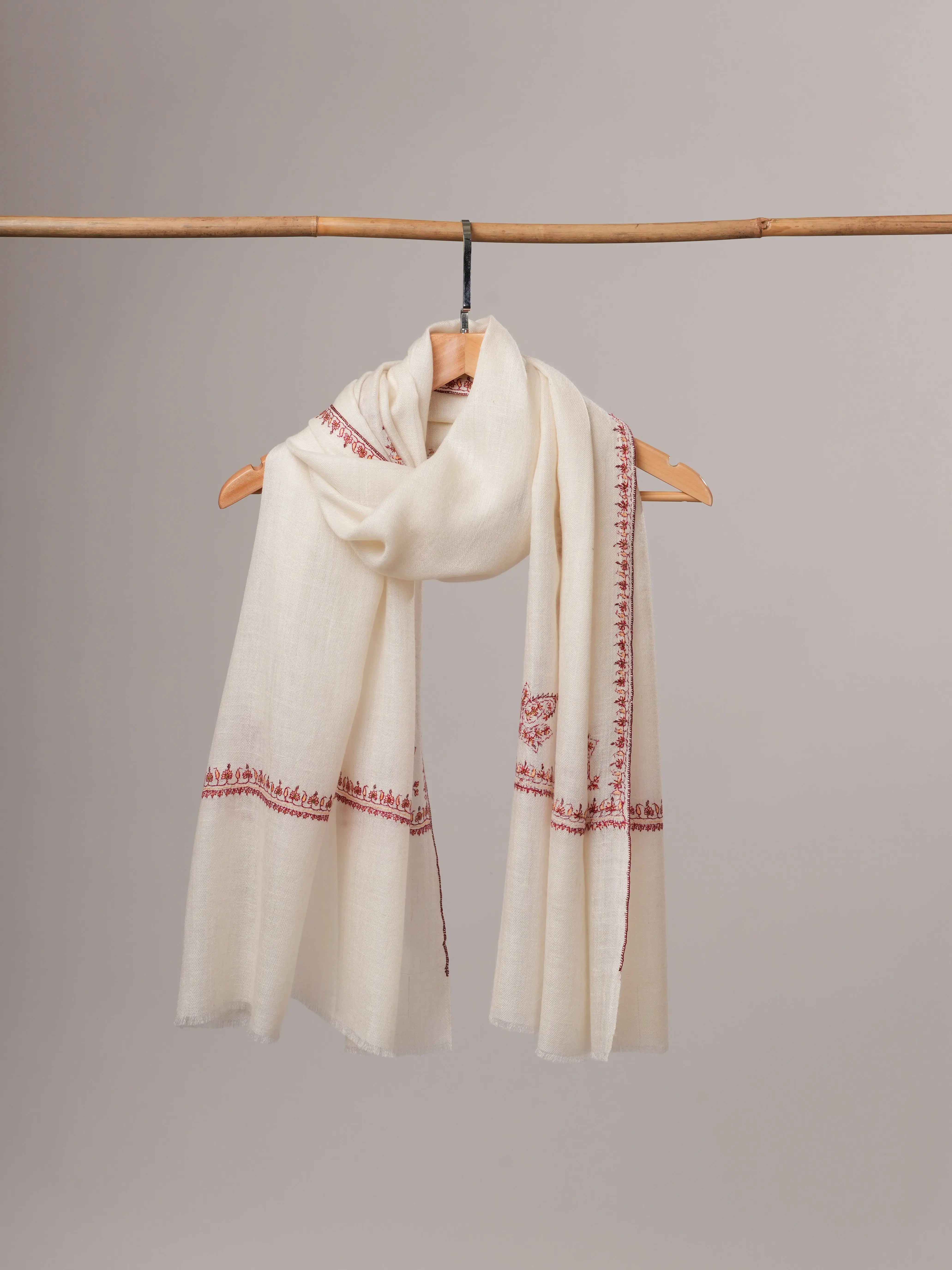 Natural White Cashmere Scarf with Hashia Hand Embroidery & Paisley Corner Motif Shahkaar