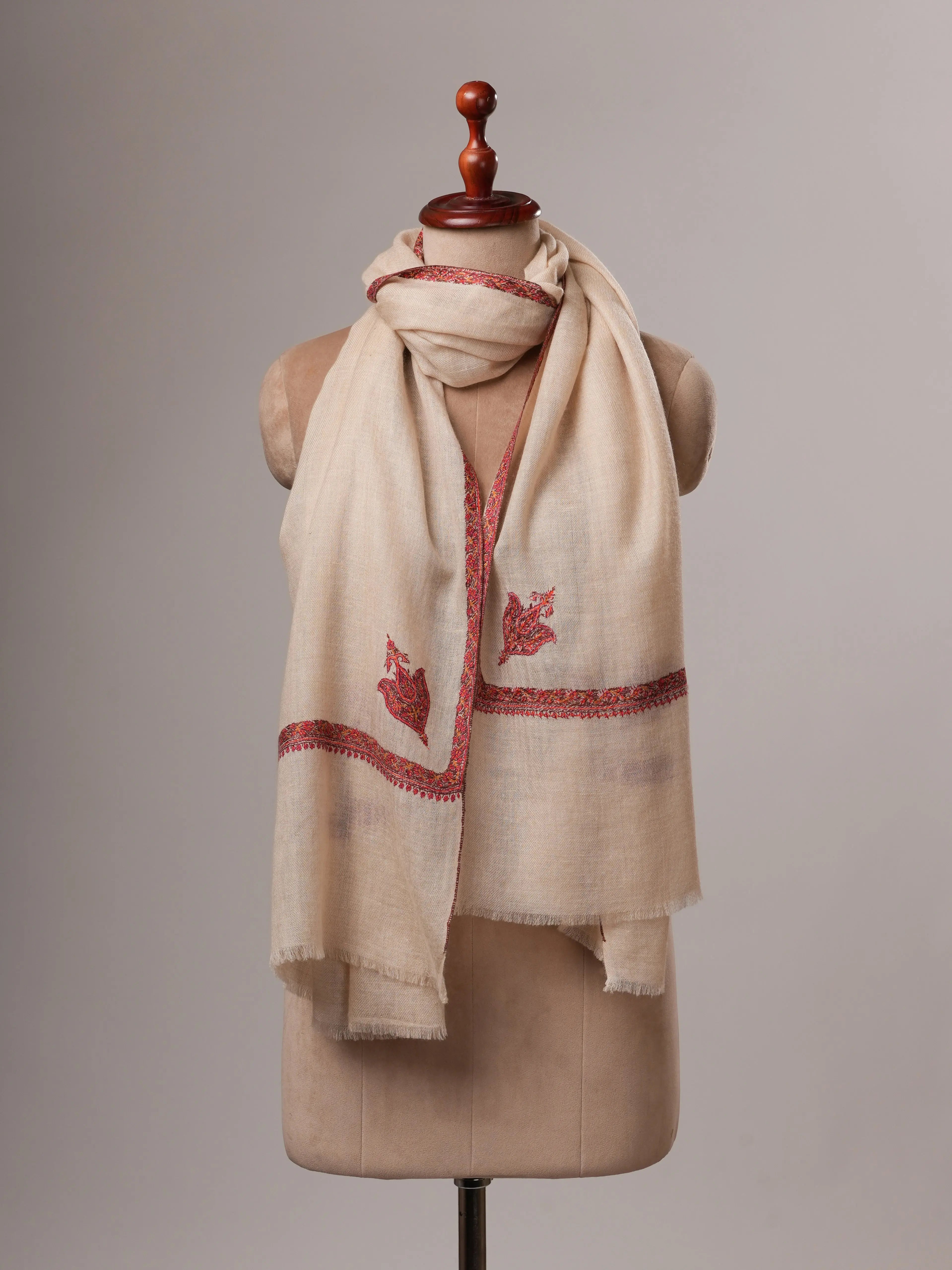 Natural White Cashmere Scarf with Traditional Hashia Hand Embroidery Shahkaar