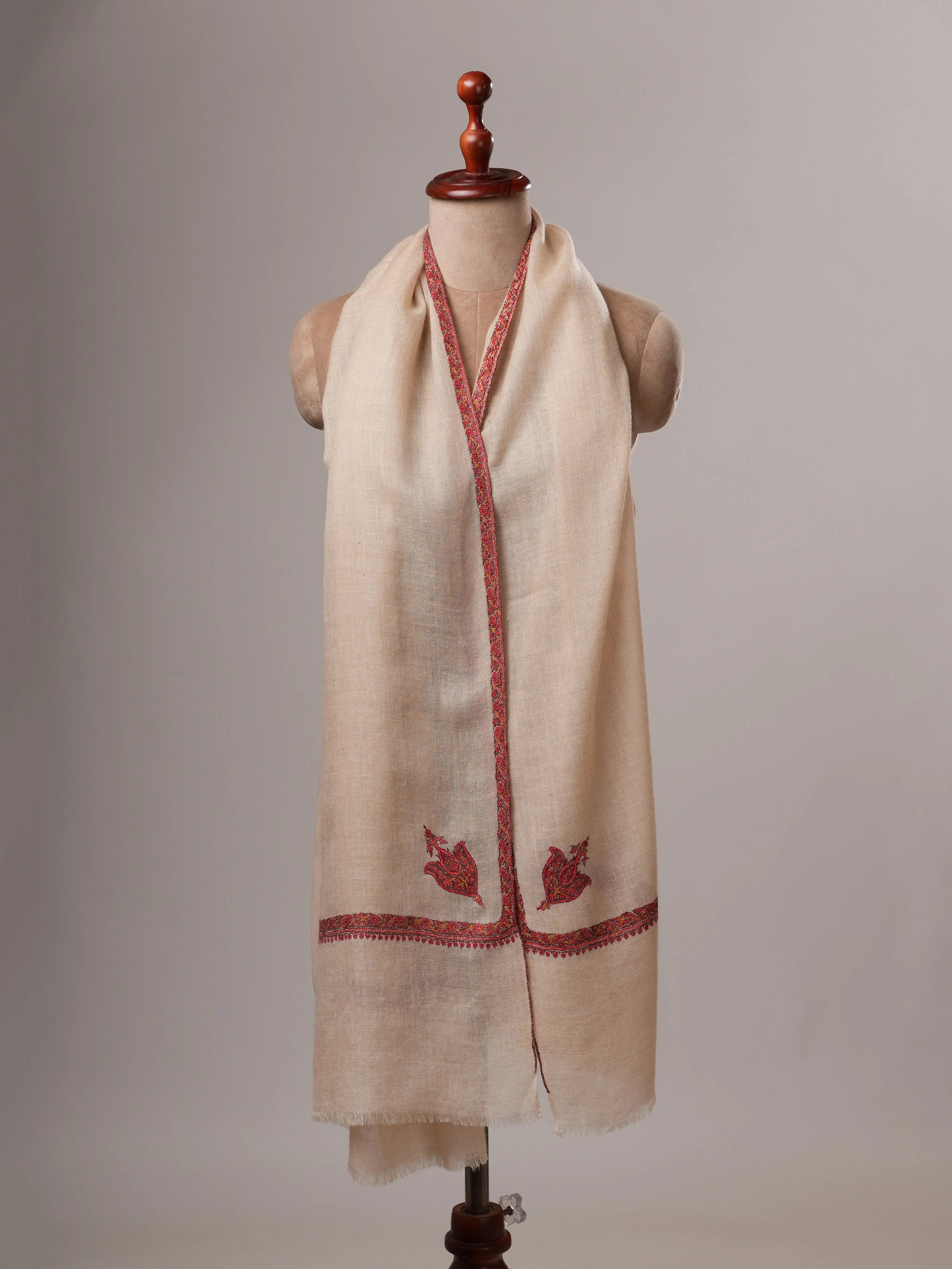Natural White Cashmere Scarf with Traditional Hashia Hand Embroidery Shahkaar