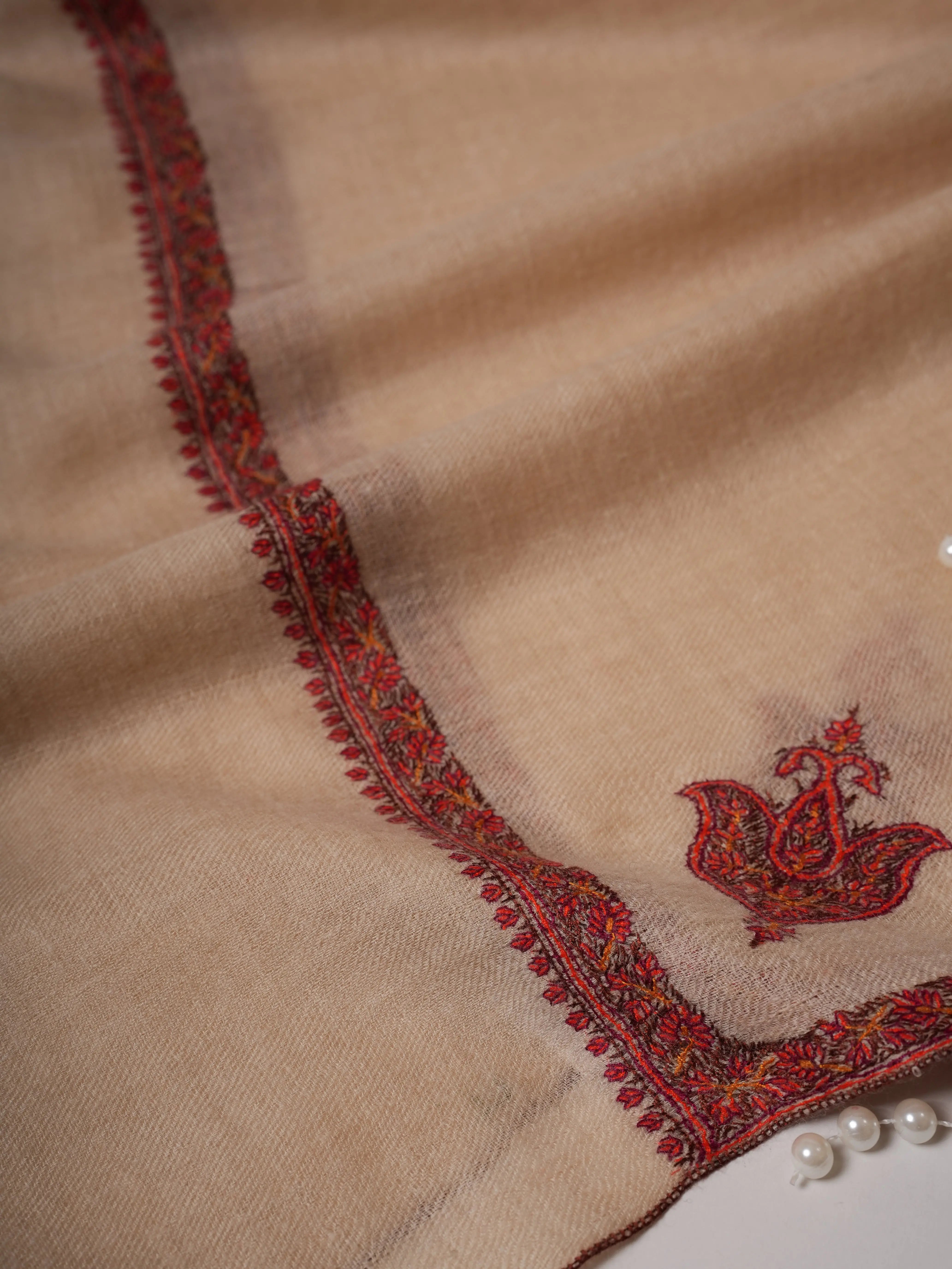 Natural White Cashmere Scarf with Traditional Hashia Hand Embroidery Shahkaar