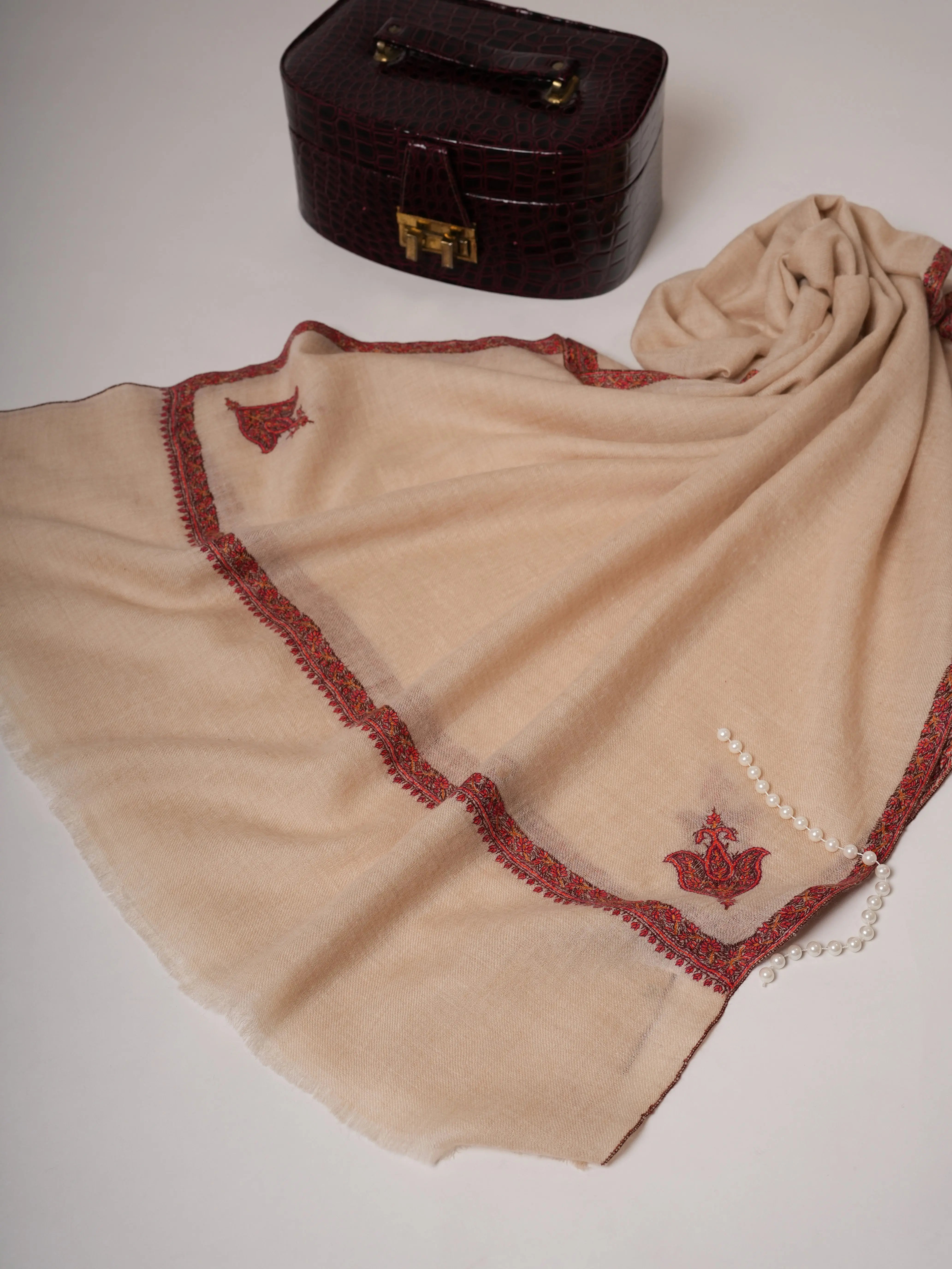 Natural White Cashmere Scarf with Traditional Hashia Hand Embroidery Shahkaar