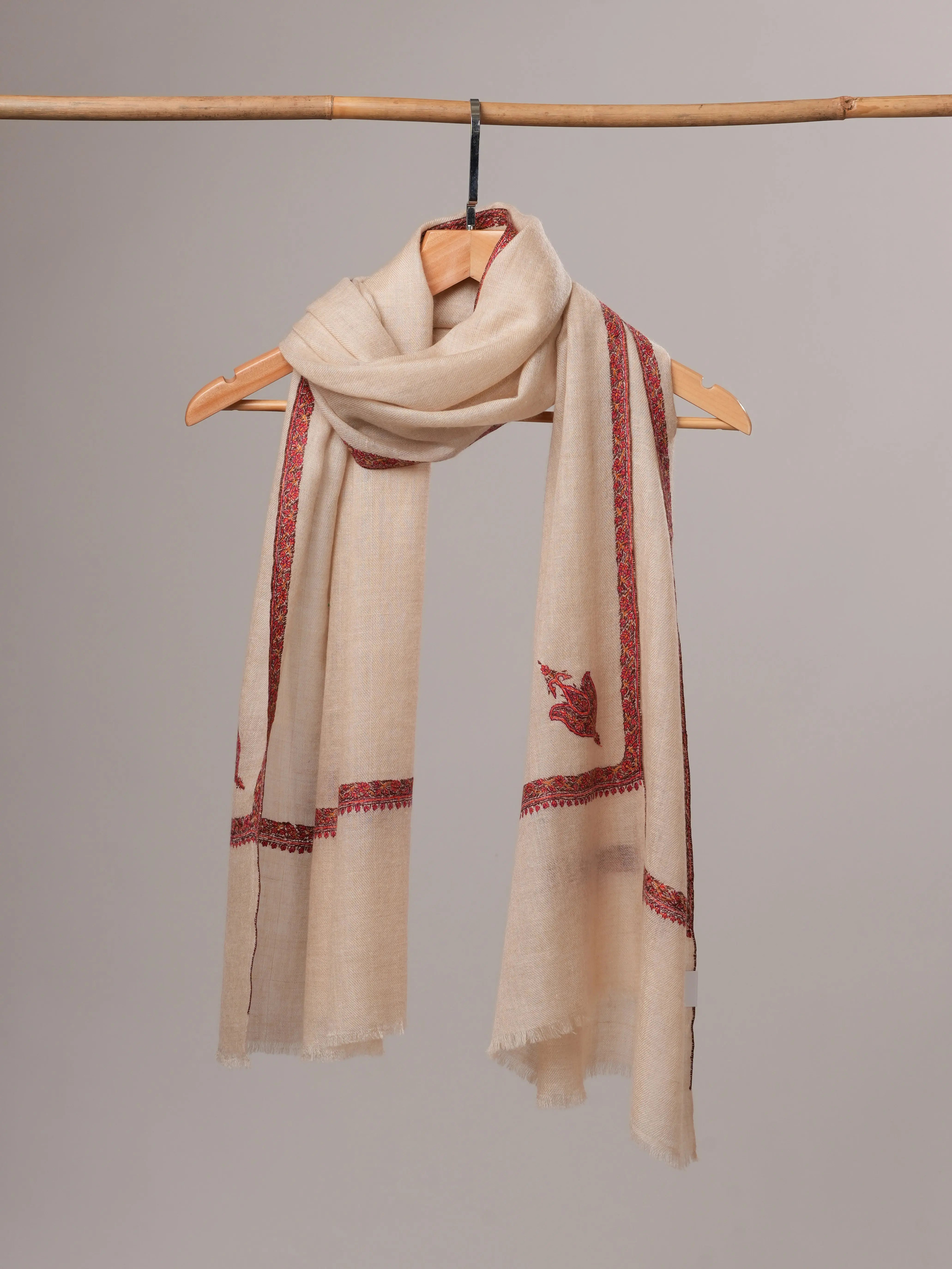 Natural White Cashmere Scarf with Traditional Hashia Hand Embroidery Shahkaar
