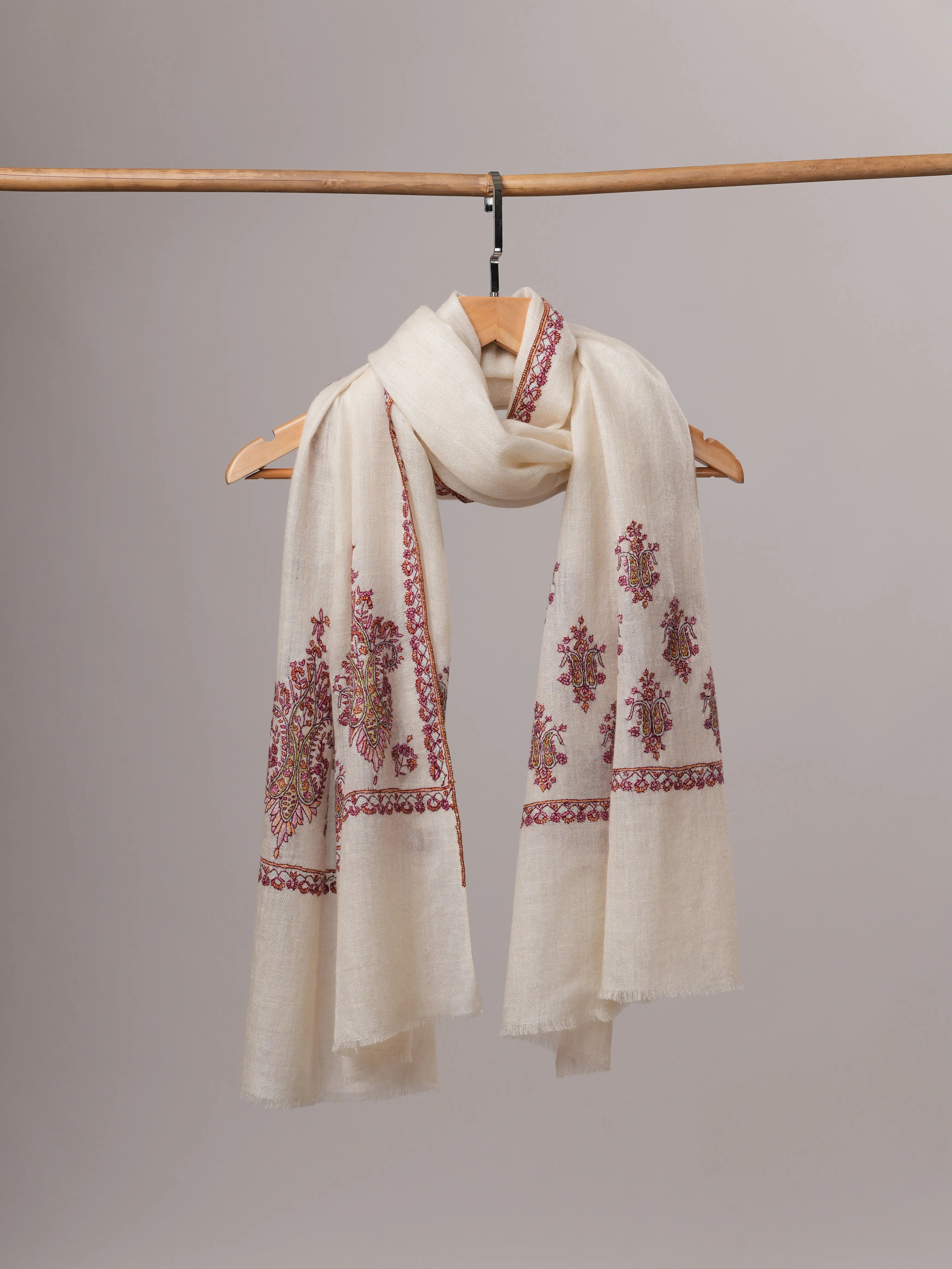 Natural White Hand Embroidered Baby Soft Cashmere Scarf Shahkaar