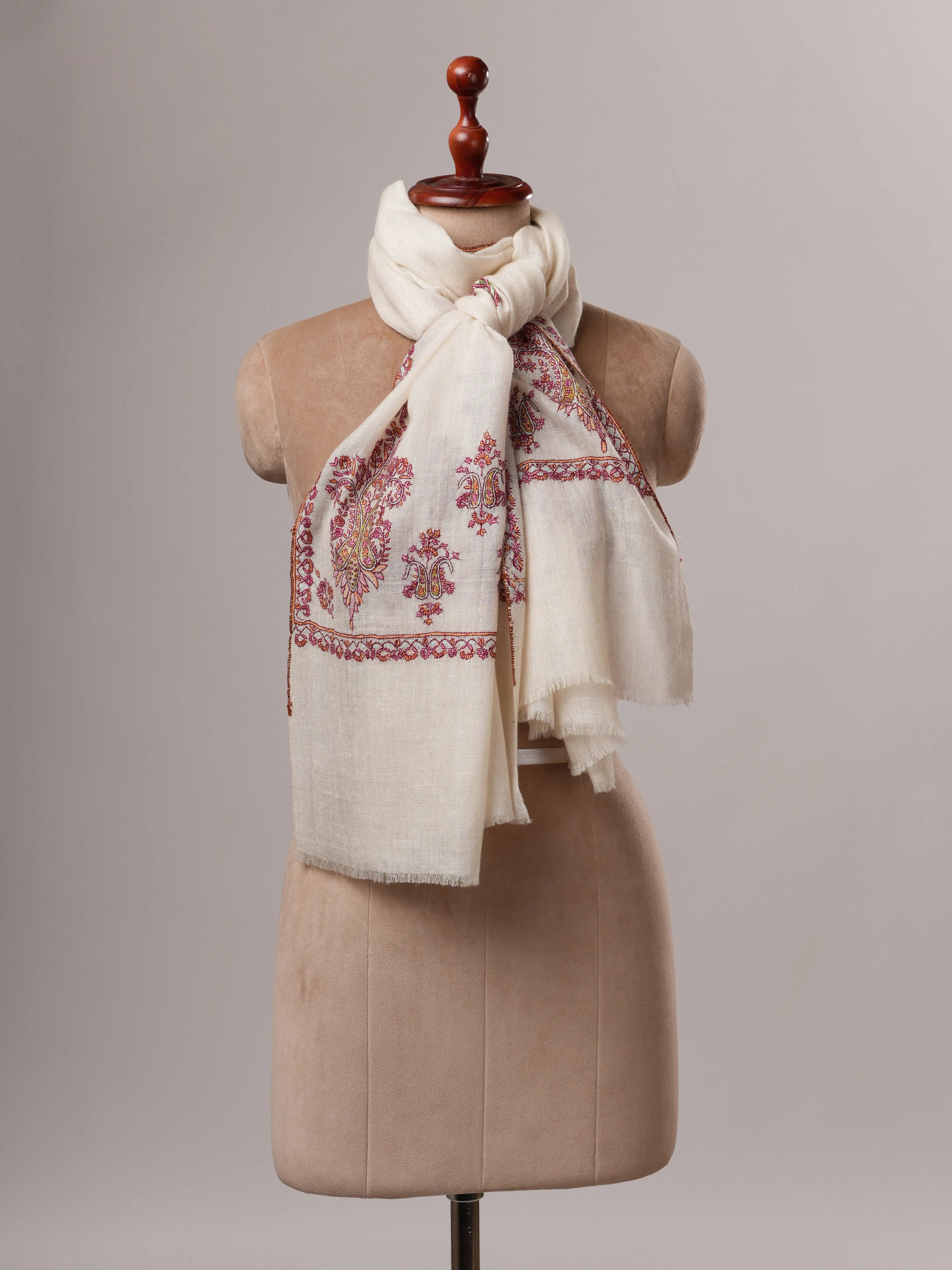 Natural White Hand Embroidered Baby Soft Cashmere Scarf Shahkaar