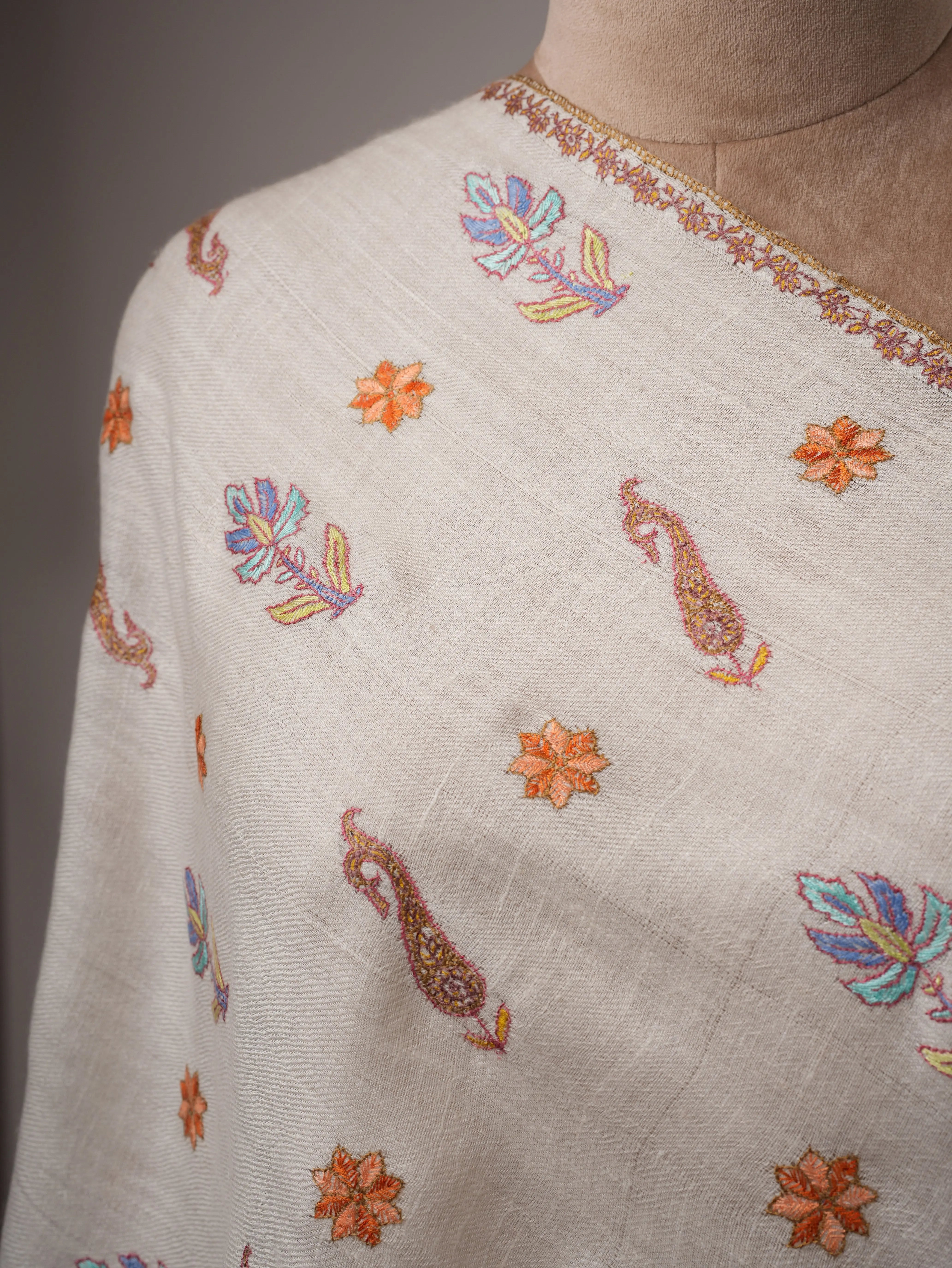 Natural White Indian Cashmere Scarf with All-Over Buteh Hand Embroidery Shahkaar