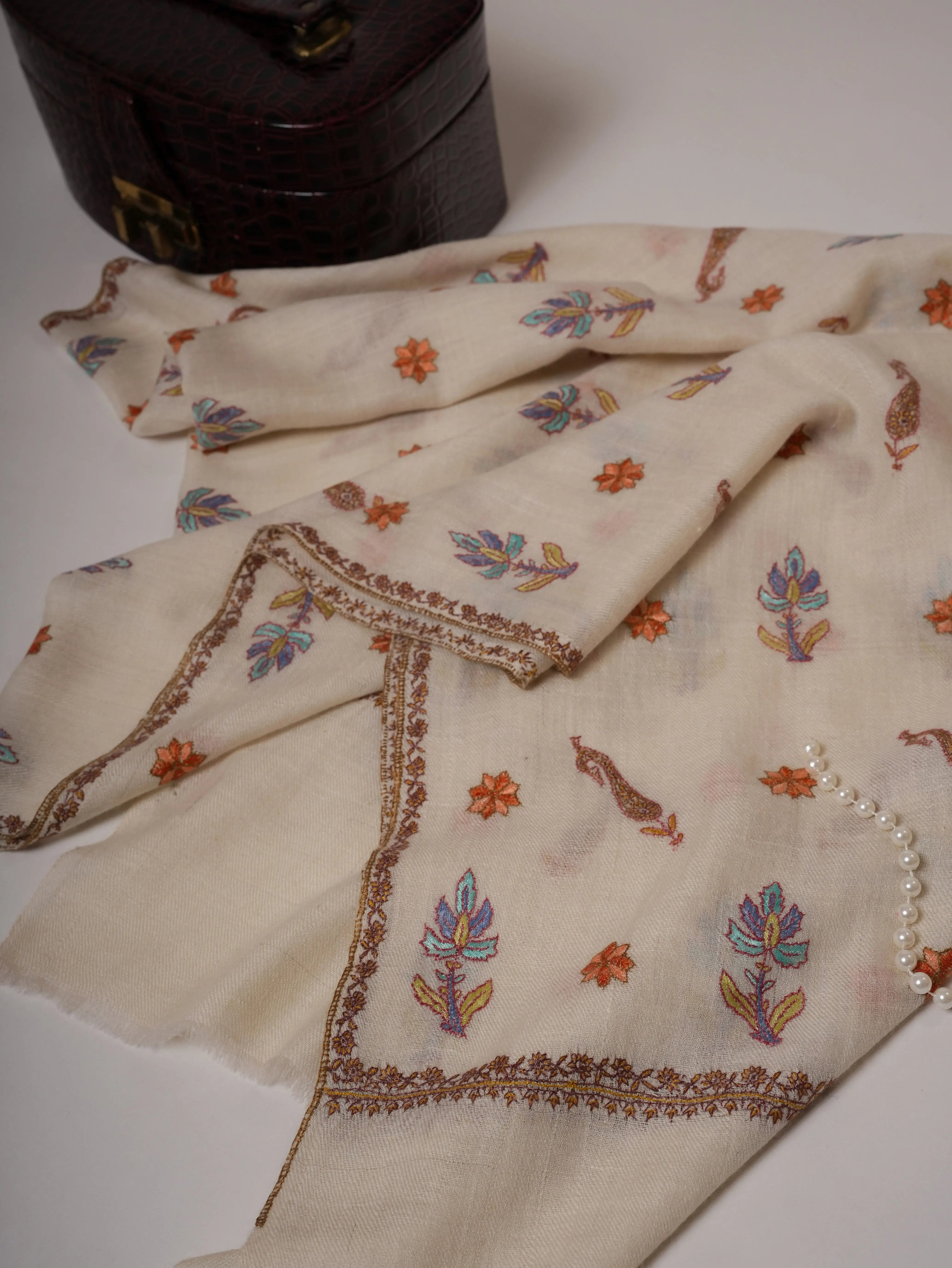Natural White Indian Cashmere Scarf with All-Over Buteh Hand Embroidery Shahkaar