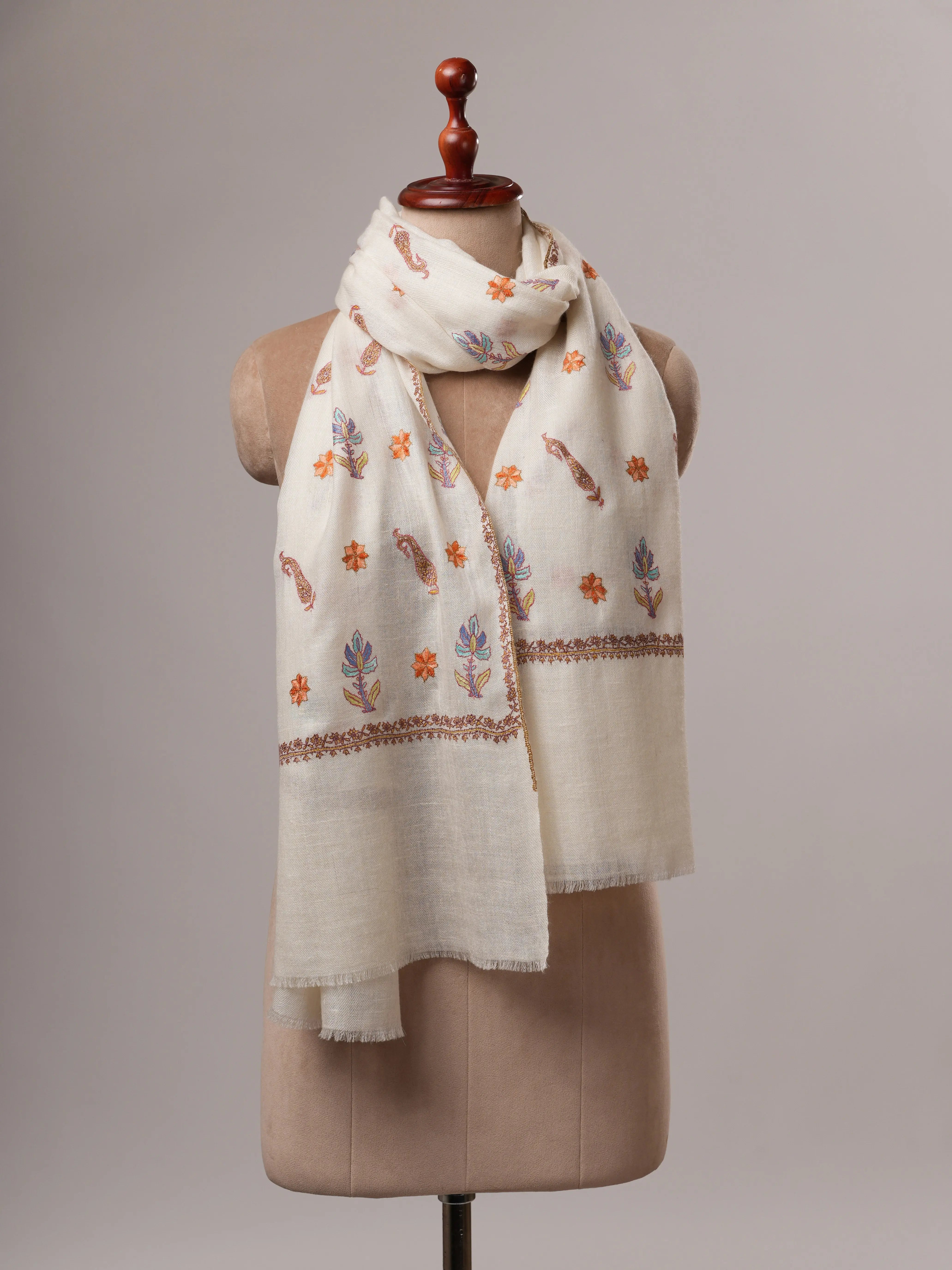 Natural White Indian Cashmere Scarf with All-Over Buteh Hand Embroidery Shahkaar