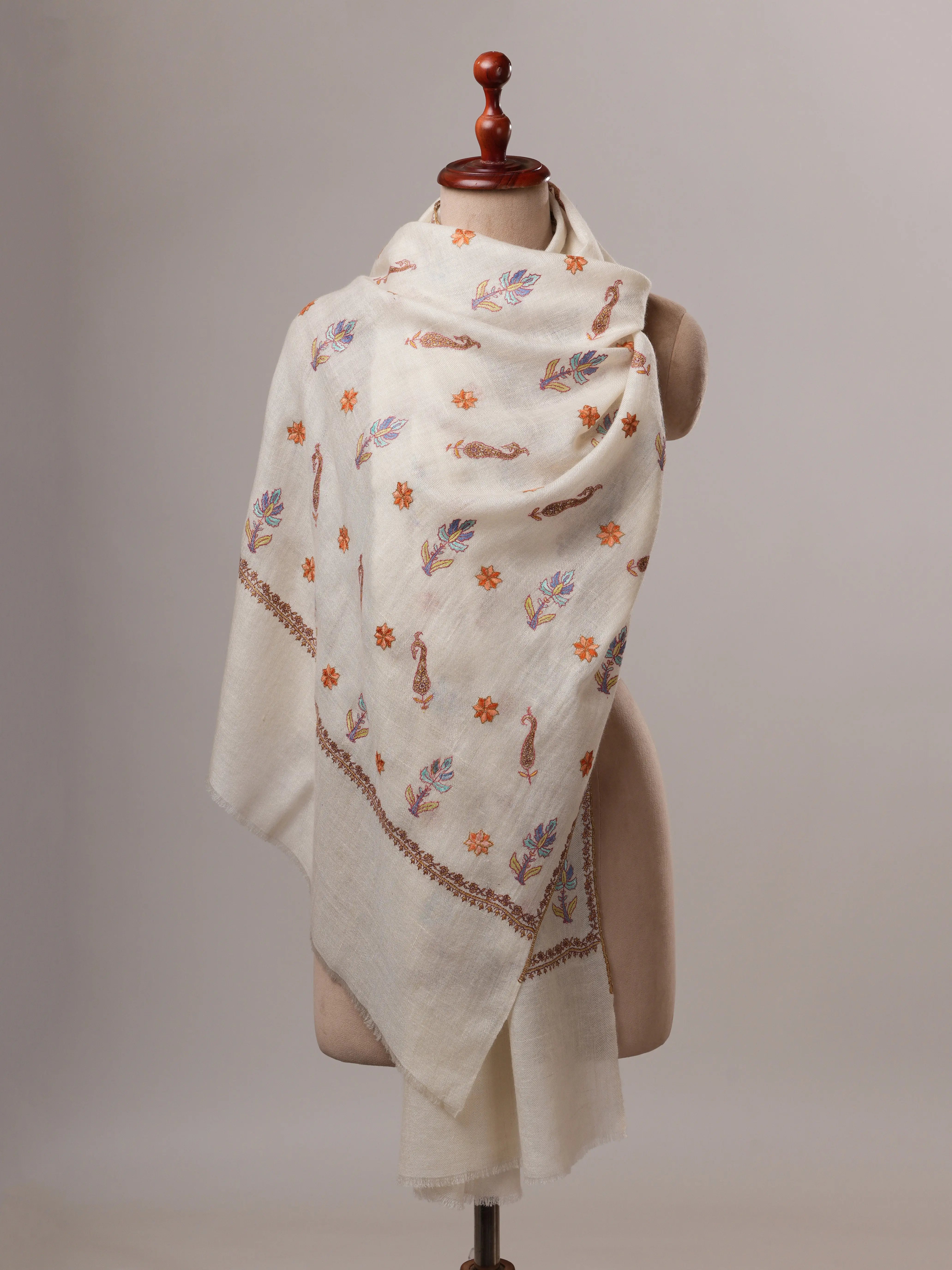 Natural White Indian Cashmere Scarf with All-Over Buteh Hand Embroidery Shahkaar