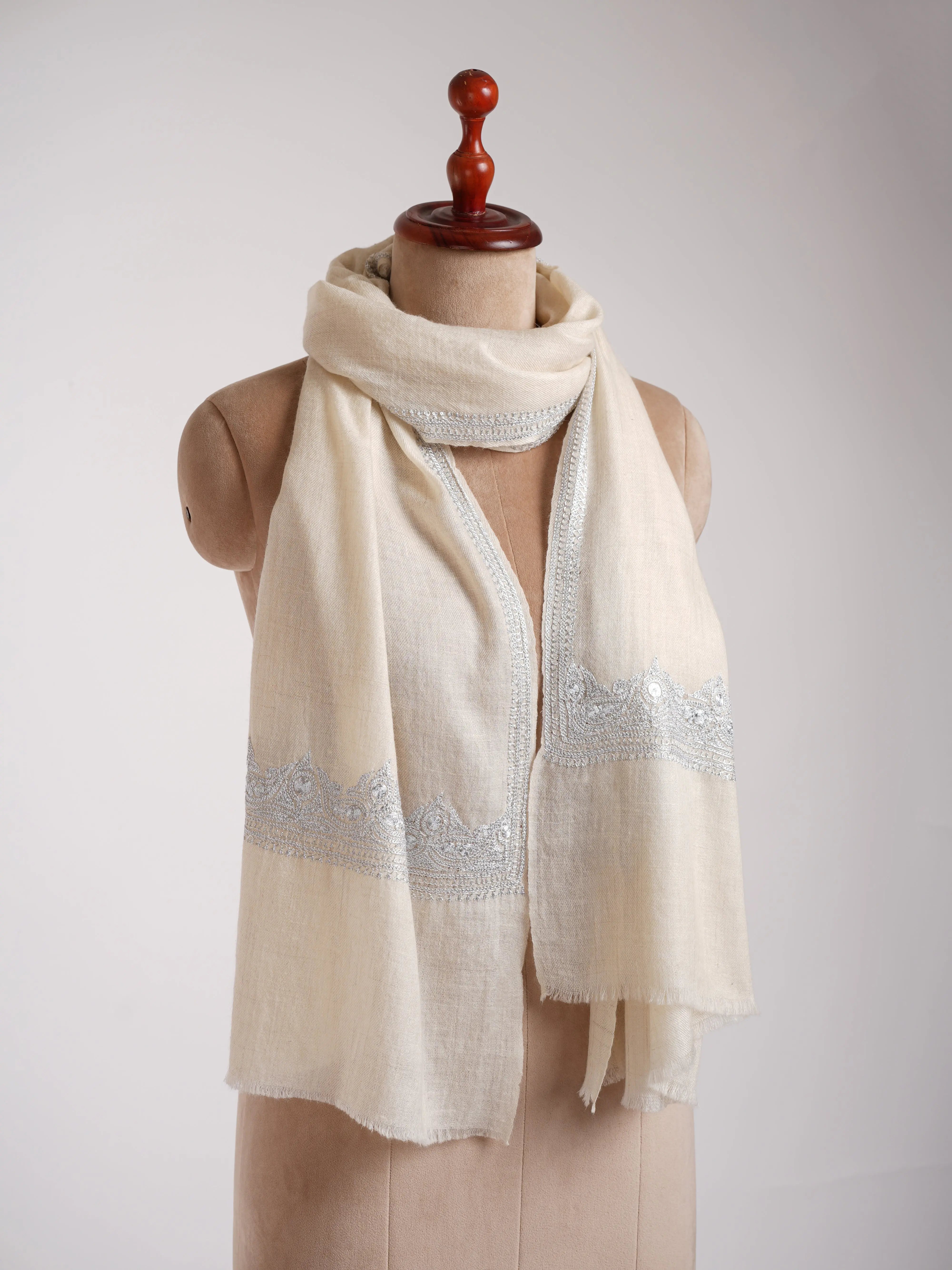 Natural White Indian Cashmere Stole with Silver Tilla Embroidery Shahkaar