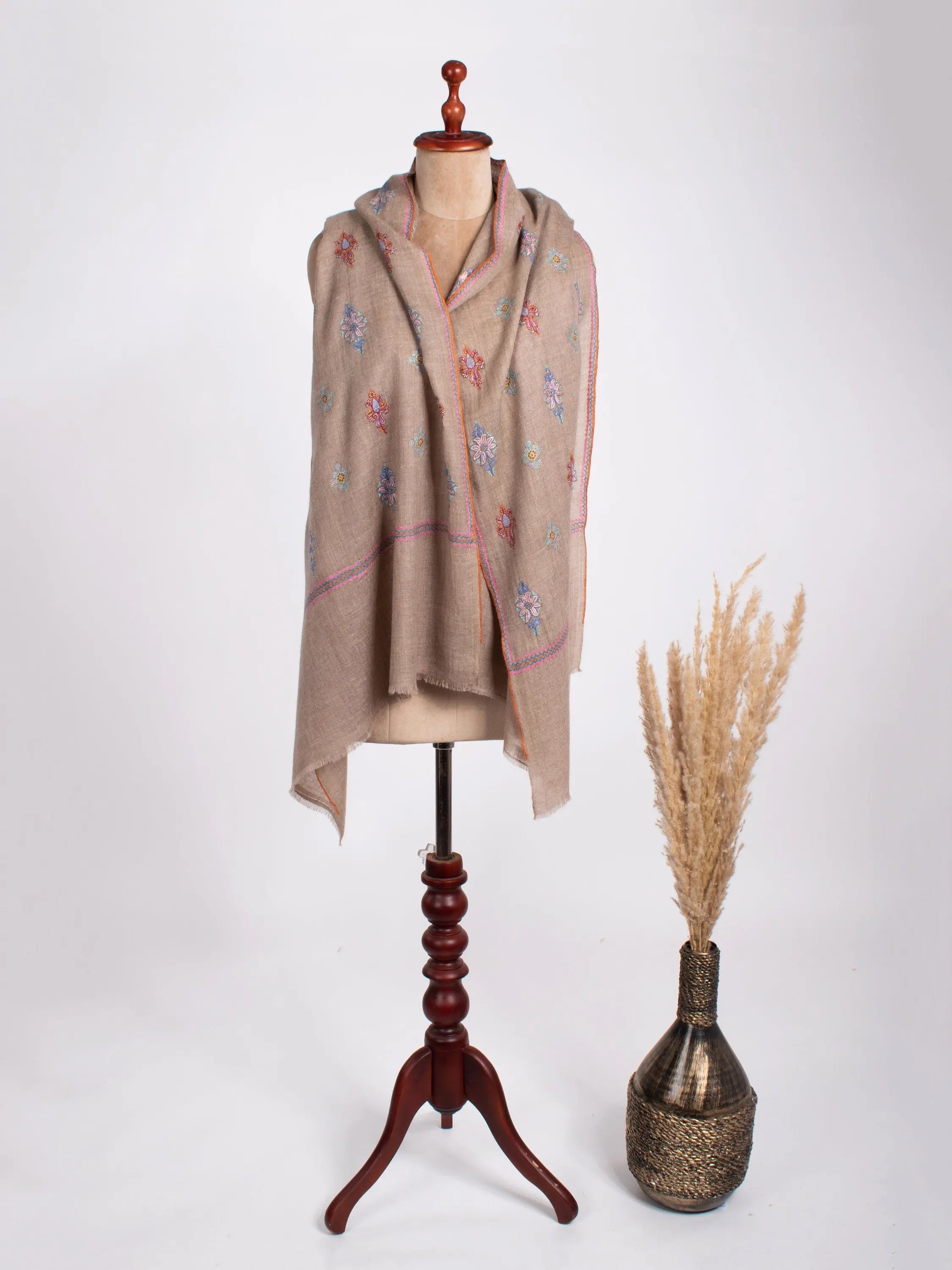 Natural Zati Cashmere Buti Embroidered Stole Shahkaar