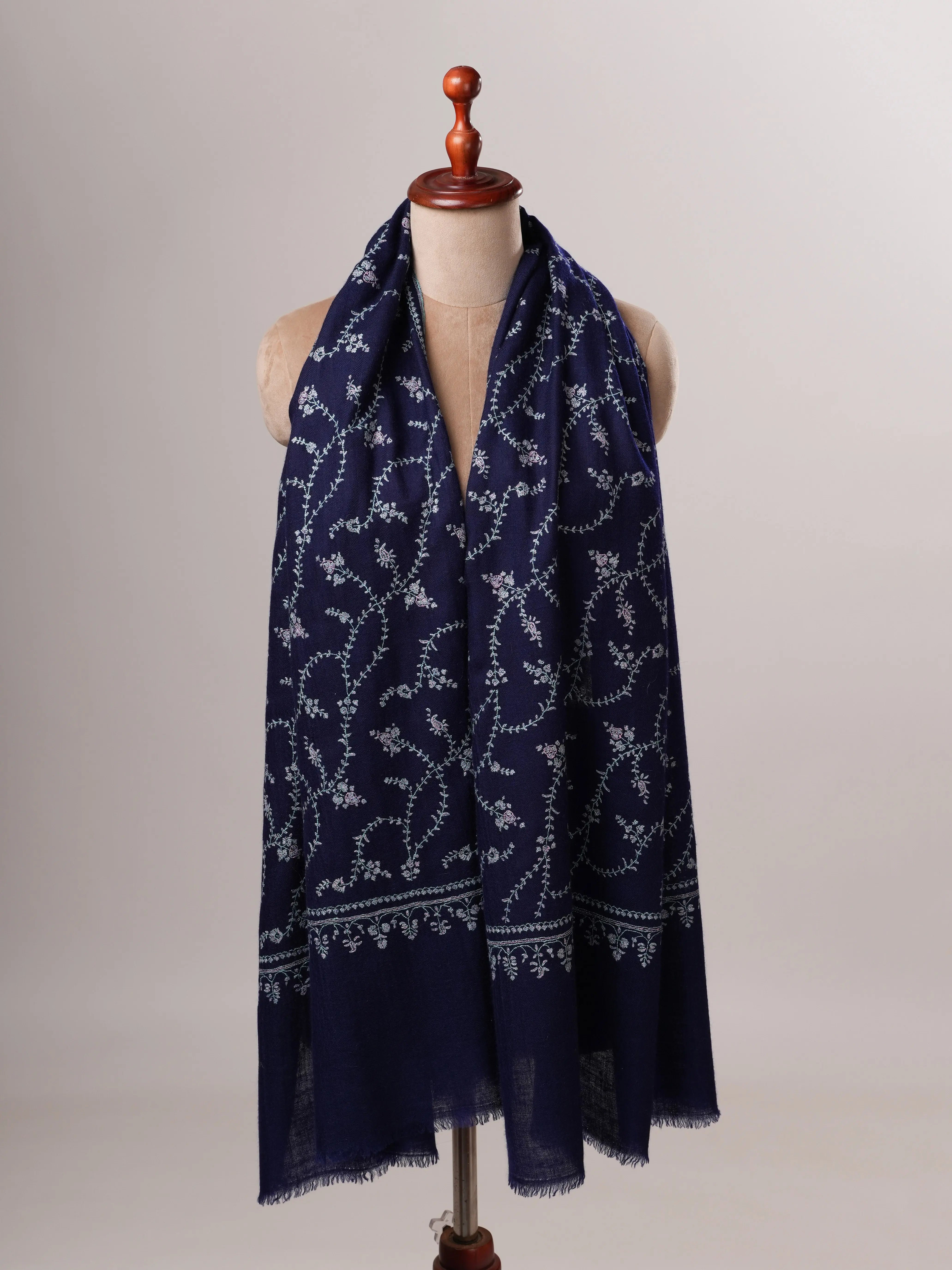 Navy Blue Baby Soft Cashmere Scarf with All Over Hand Embroidery Shahkaar