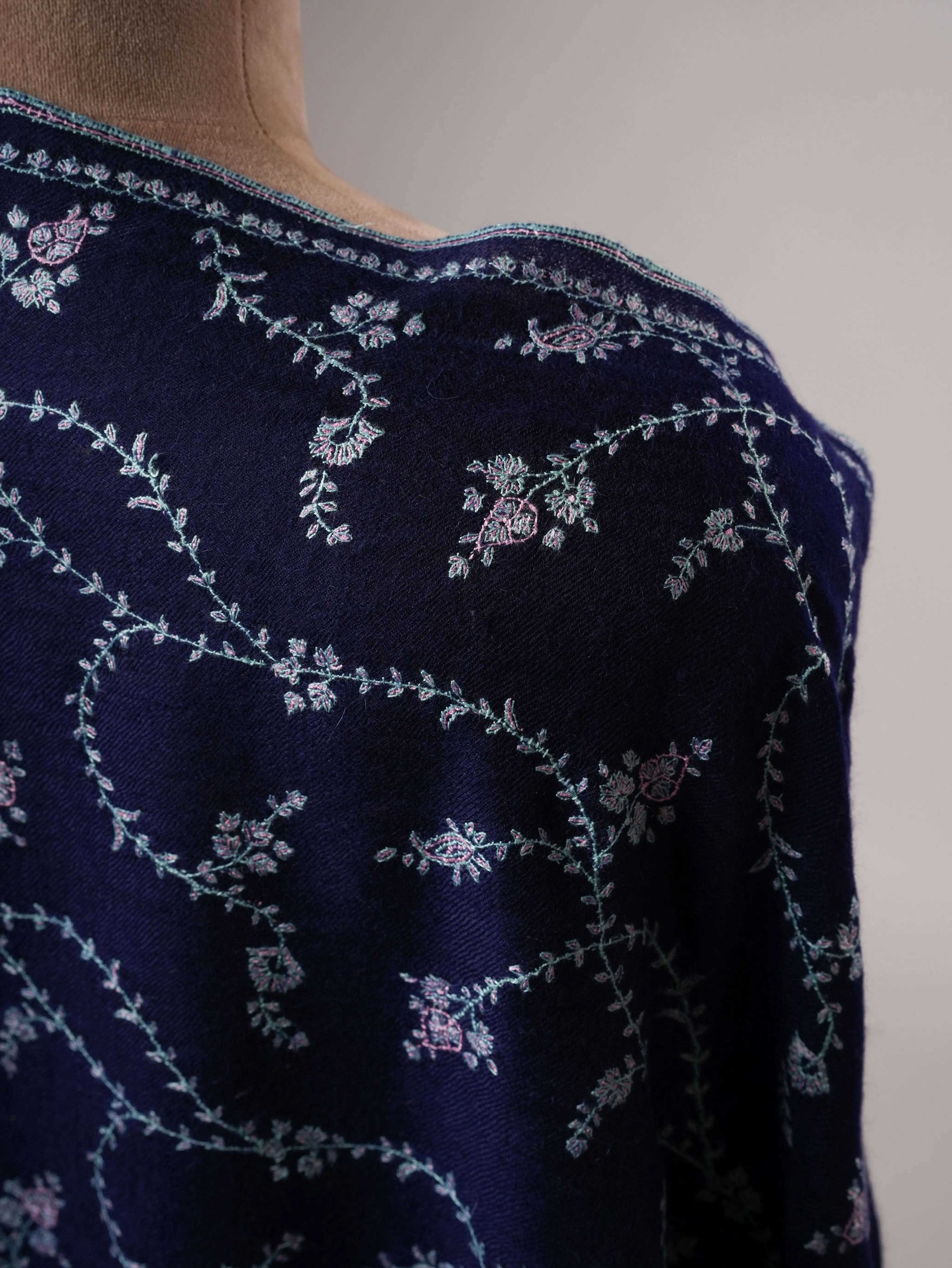 Navy Blue Baby Soft Cashmere Scarf with All Over Hand Embroidery Shahkaar