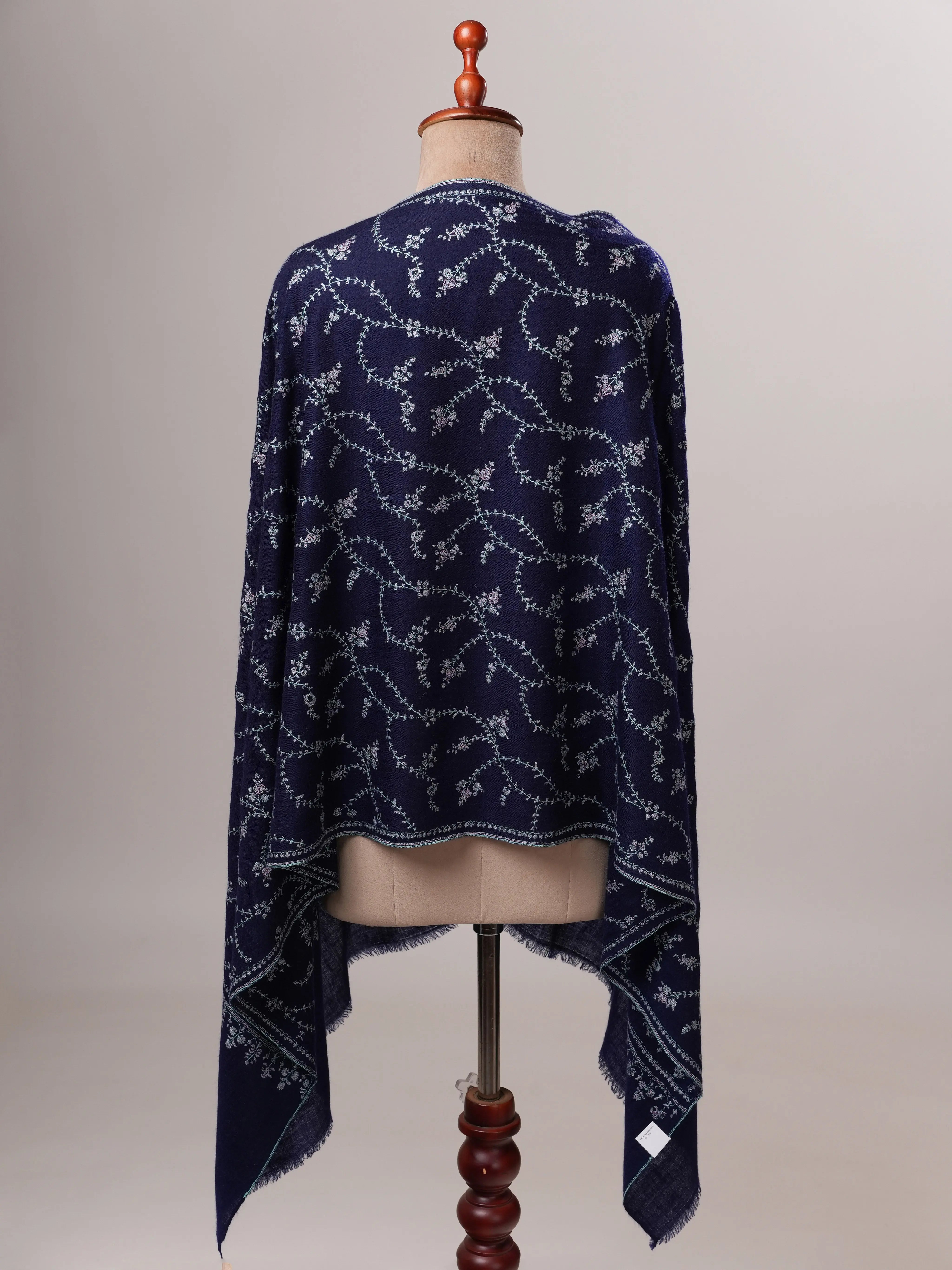 Navy Blue Baby Soft Cashmere Scarf with All Over Hand Embroidery Shahkaar