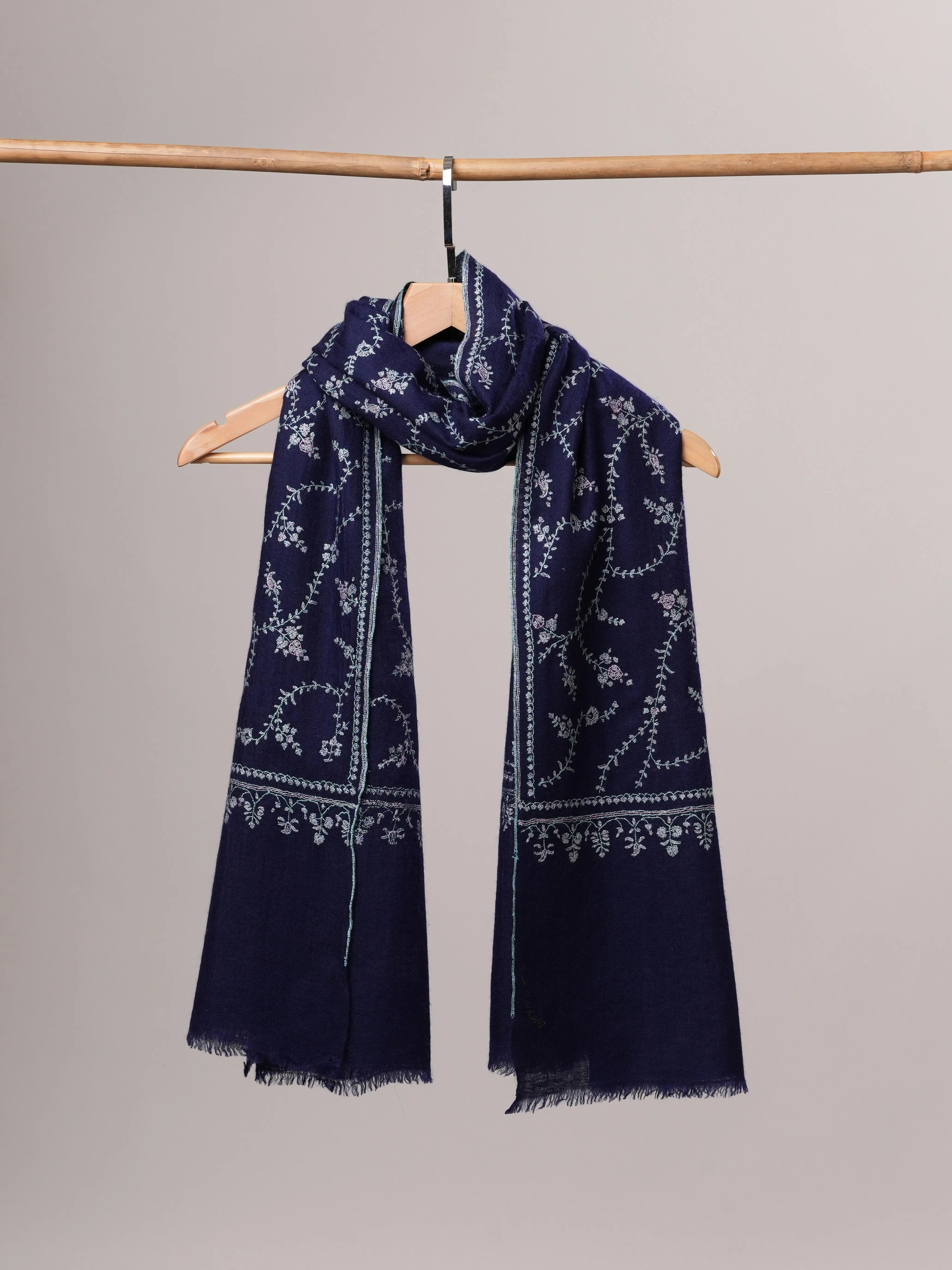 Navy Blue Baby Soft Cashmere Scarf with All Over Hand Embroidery Shahkaar