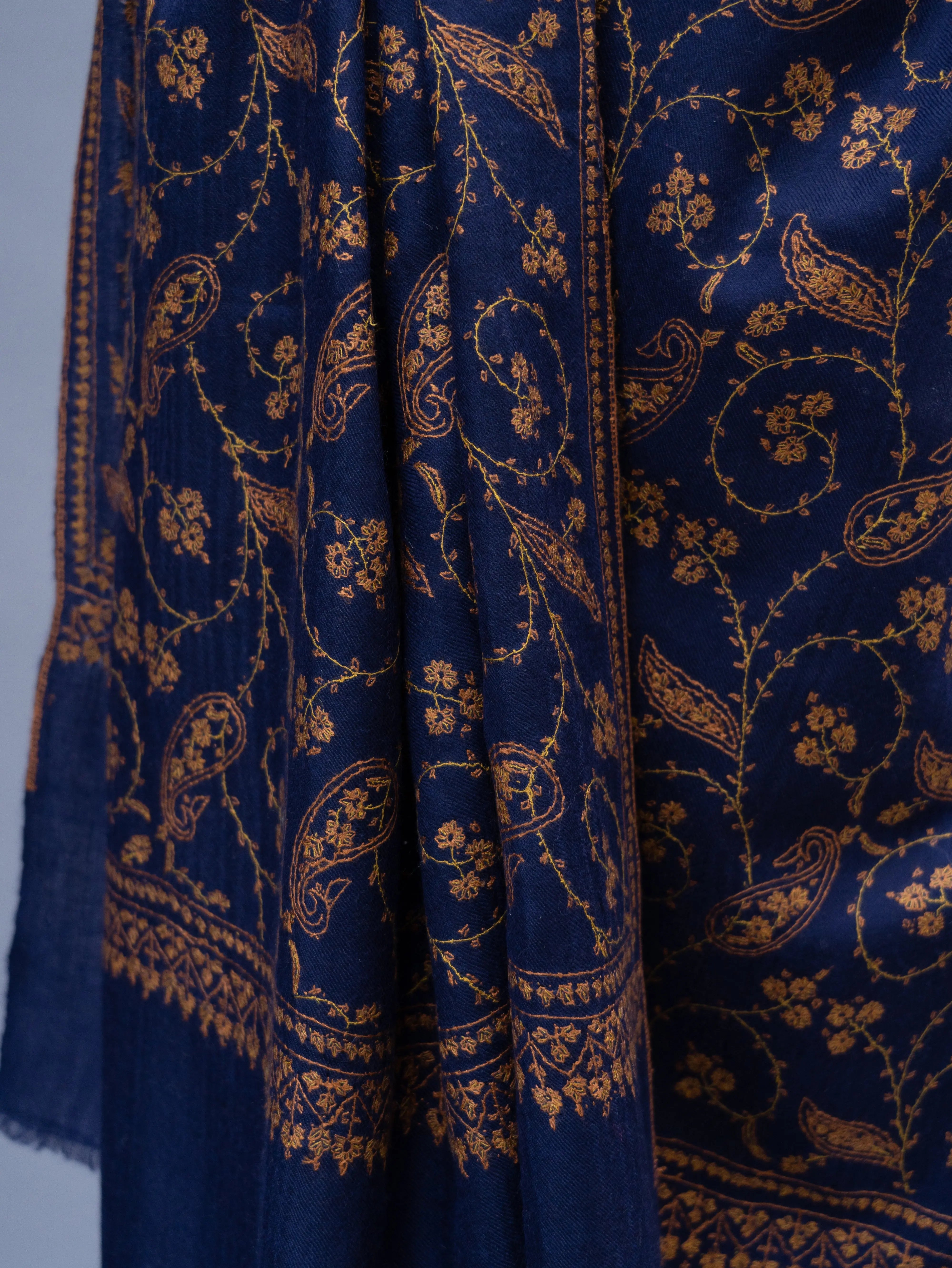 Navy Blue Sozni Embroidered Indian Cashmere Wrap Shahkaar