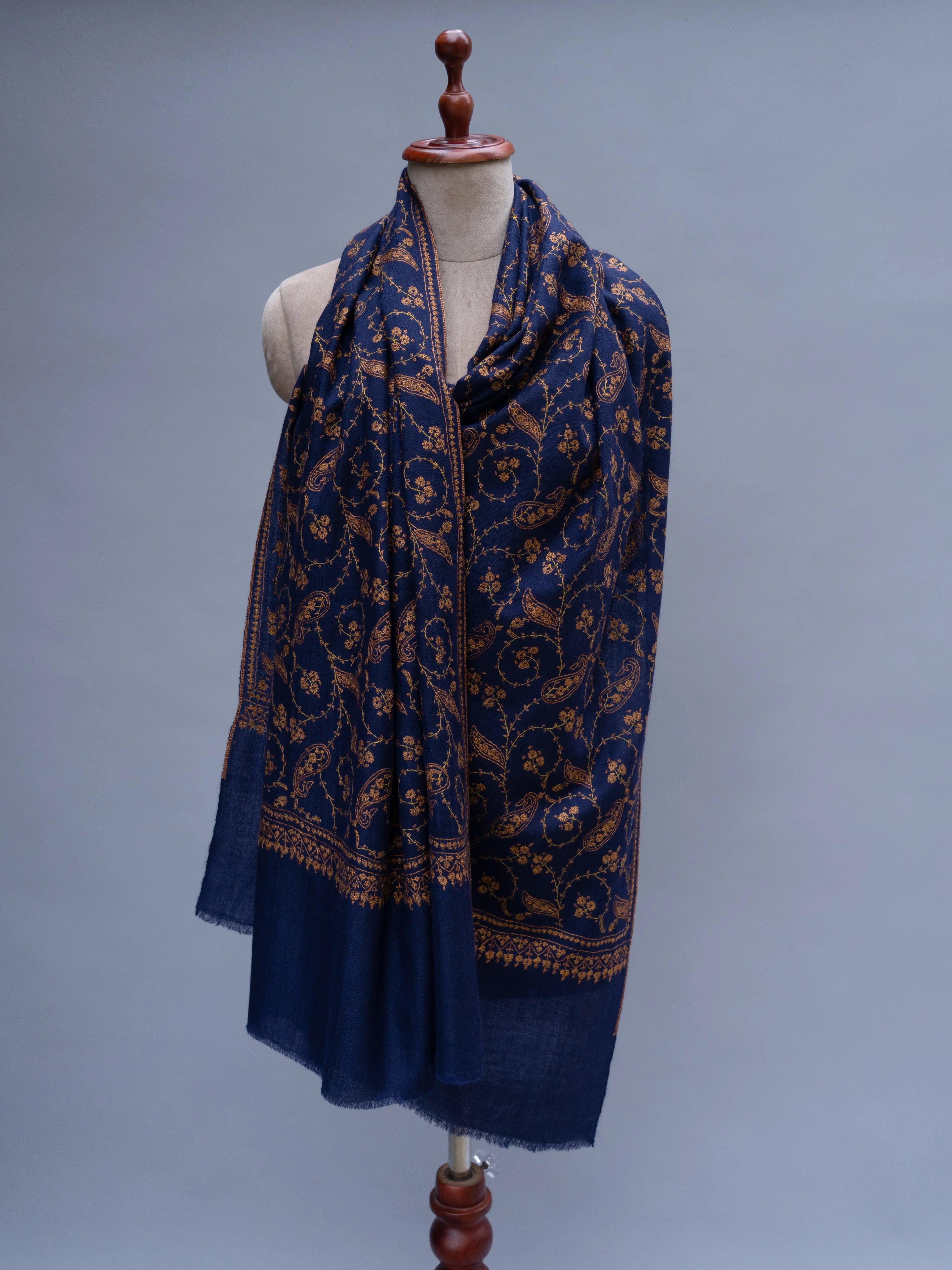 Navy Blue Sozni Embroidered Indian Cashmere Wrap Shahkaar