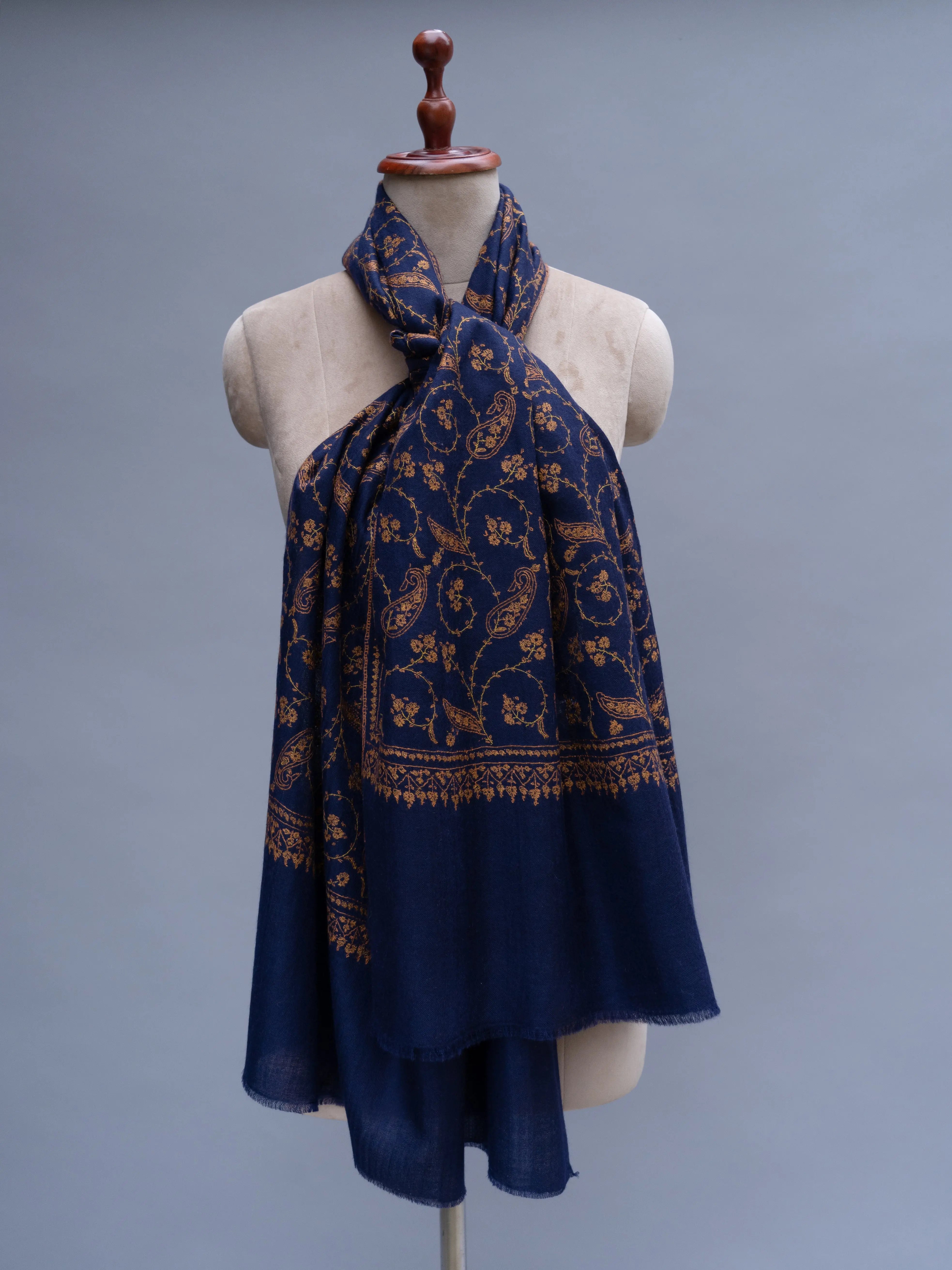 Navy Blue Sozni Embroidered Indian Cashmere Wrap Shahkaar