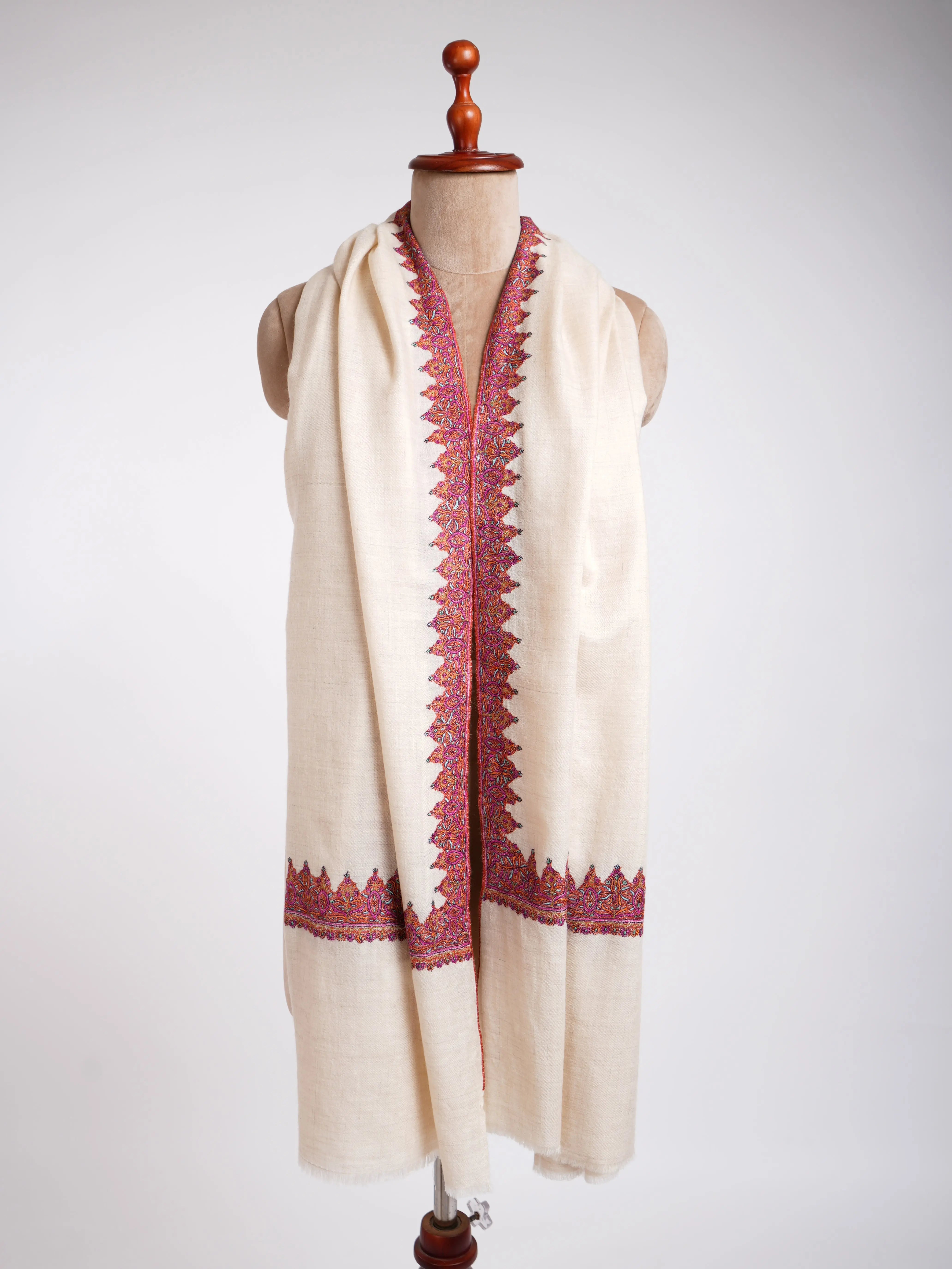 Neemdaur Hand Embroidery Kashmiri Pashmina Shawls White Shahkaar