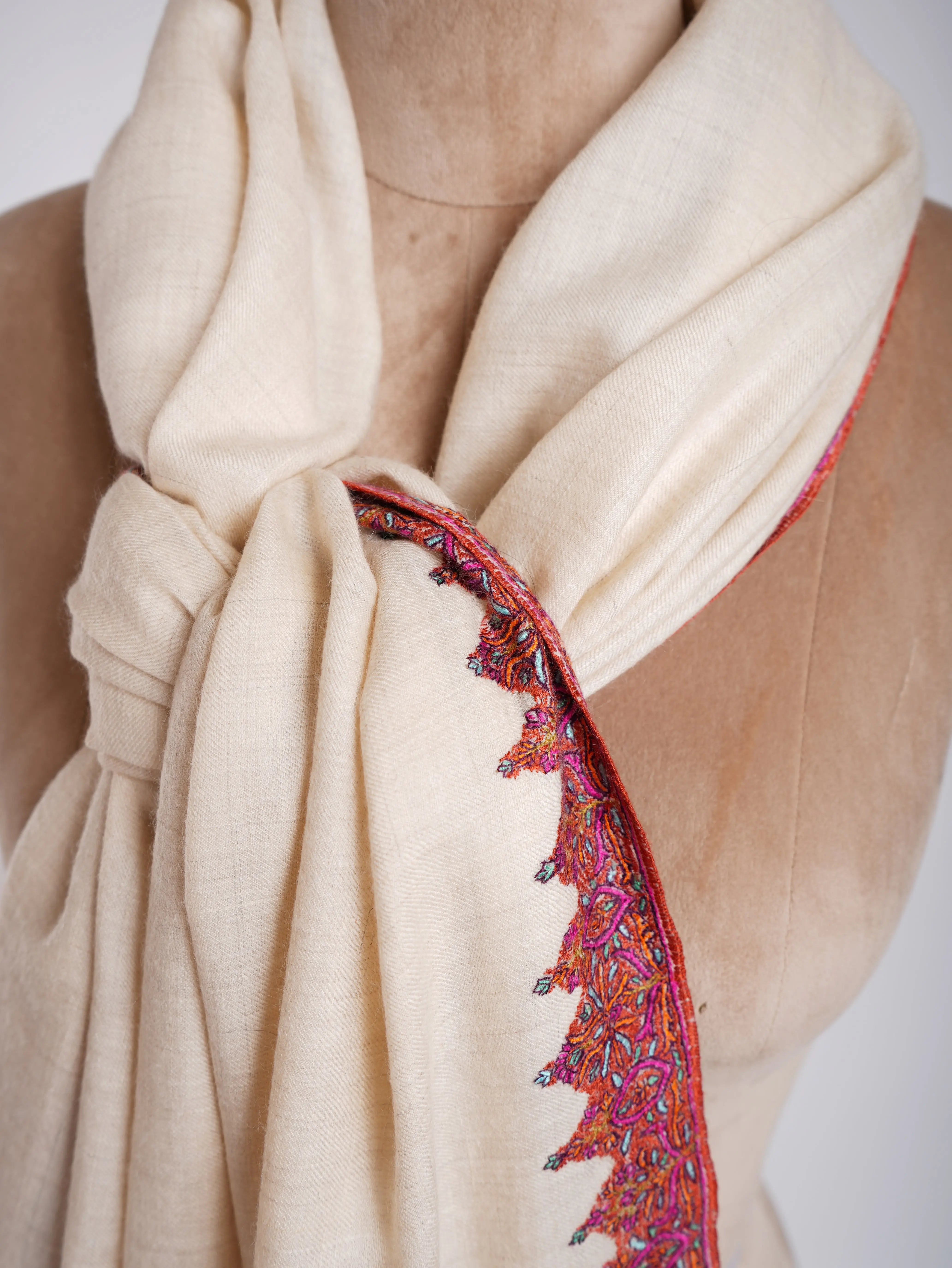 Neemdaur Hand Embroidery Kashmiri Pashmina Shawls White Shahkaar